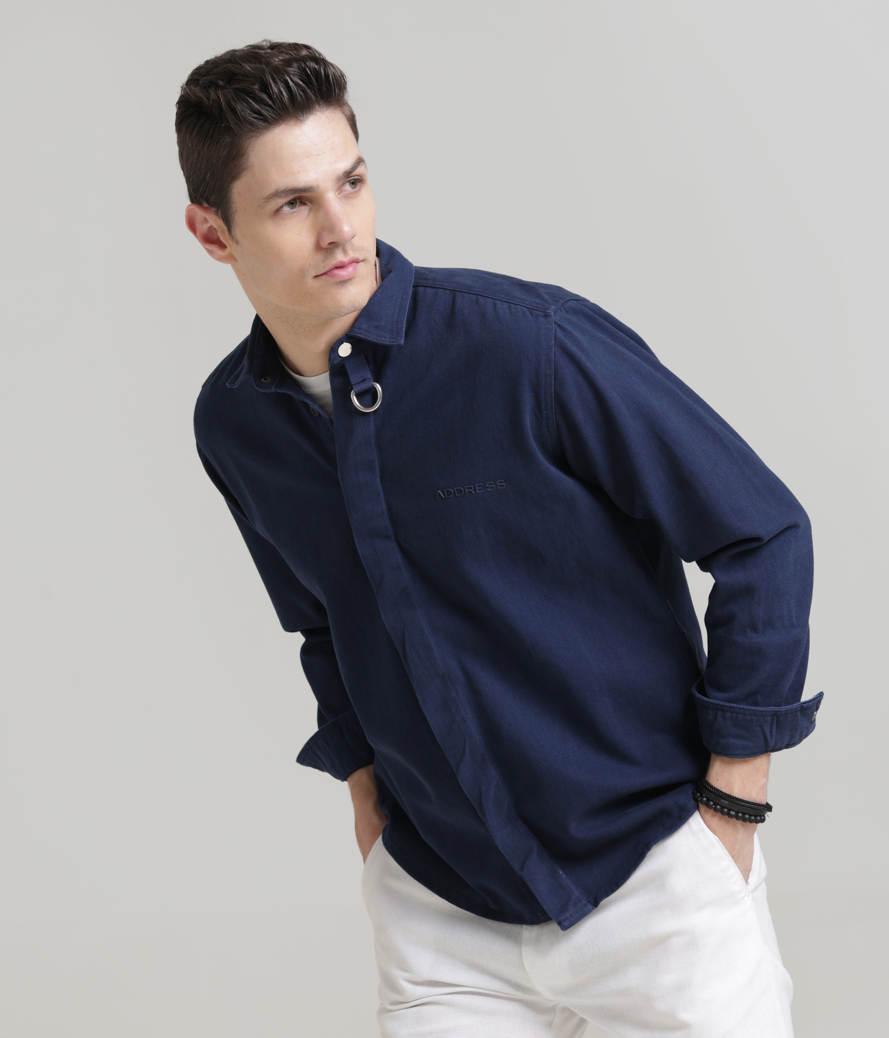 Navy Classic Fit Heavy Twill Shirt with Hidden Placket