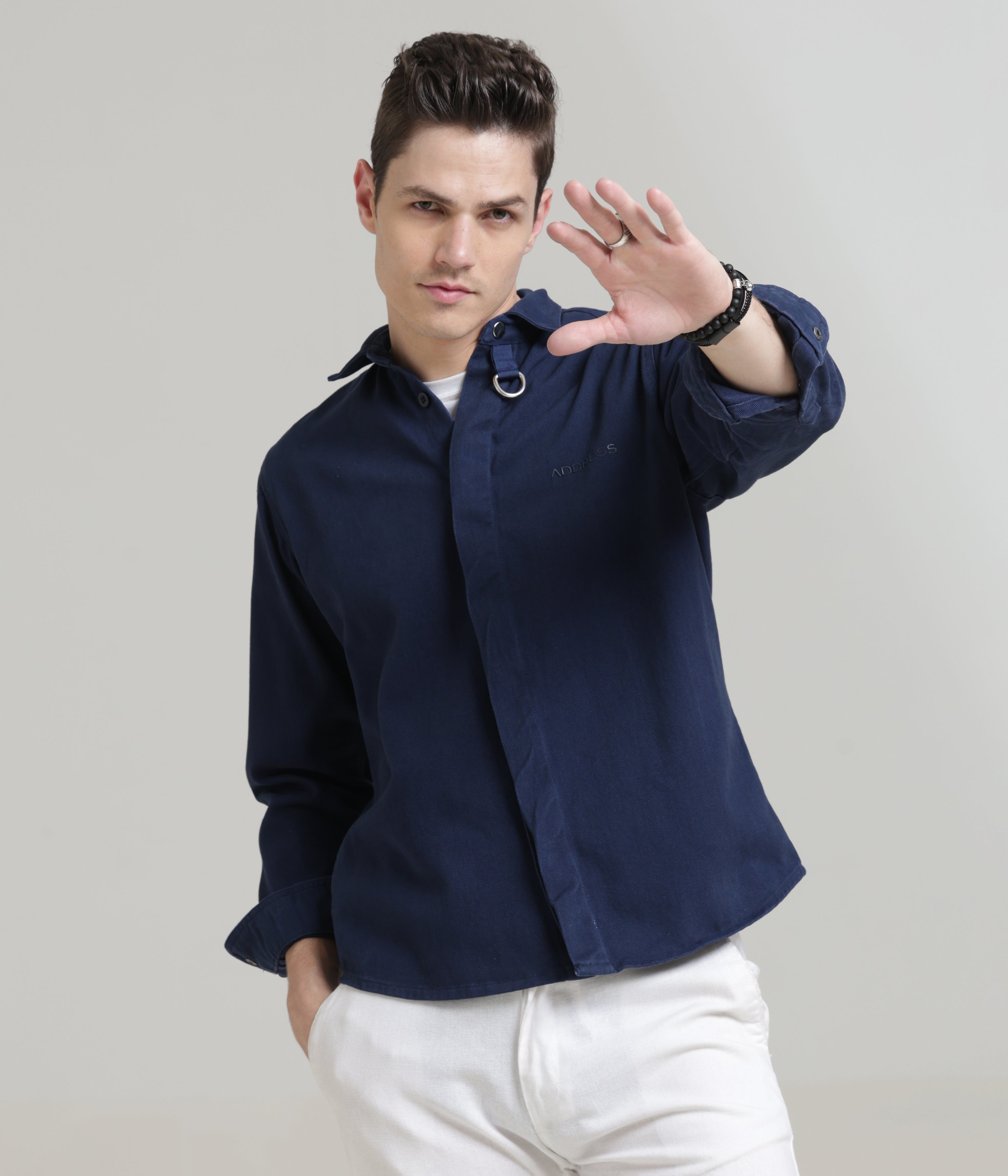 Navy Classic Fit Heavy Twill Shirt with Hidden Placket