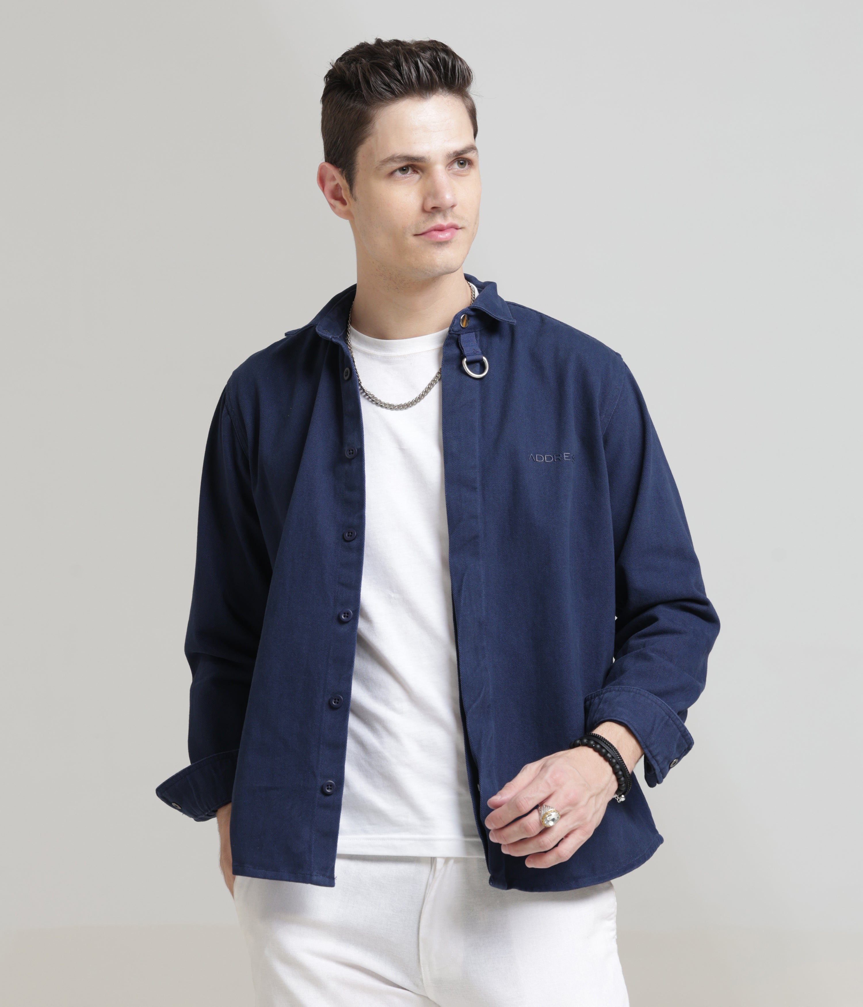 Navy Classic Fit Heavy Twill Shirt with Hidden Placket