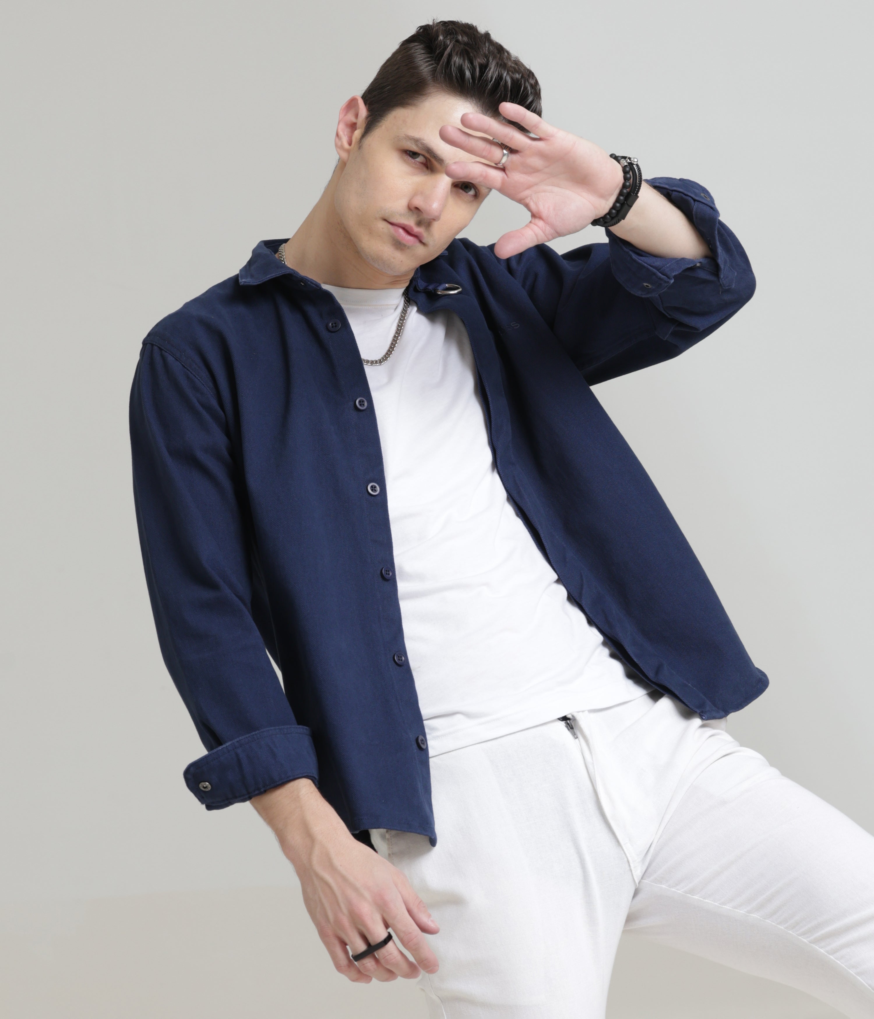 Navy Classic Fit Heavy Twill Shirt with Hidden Placket