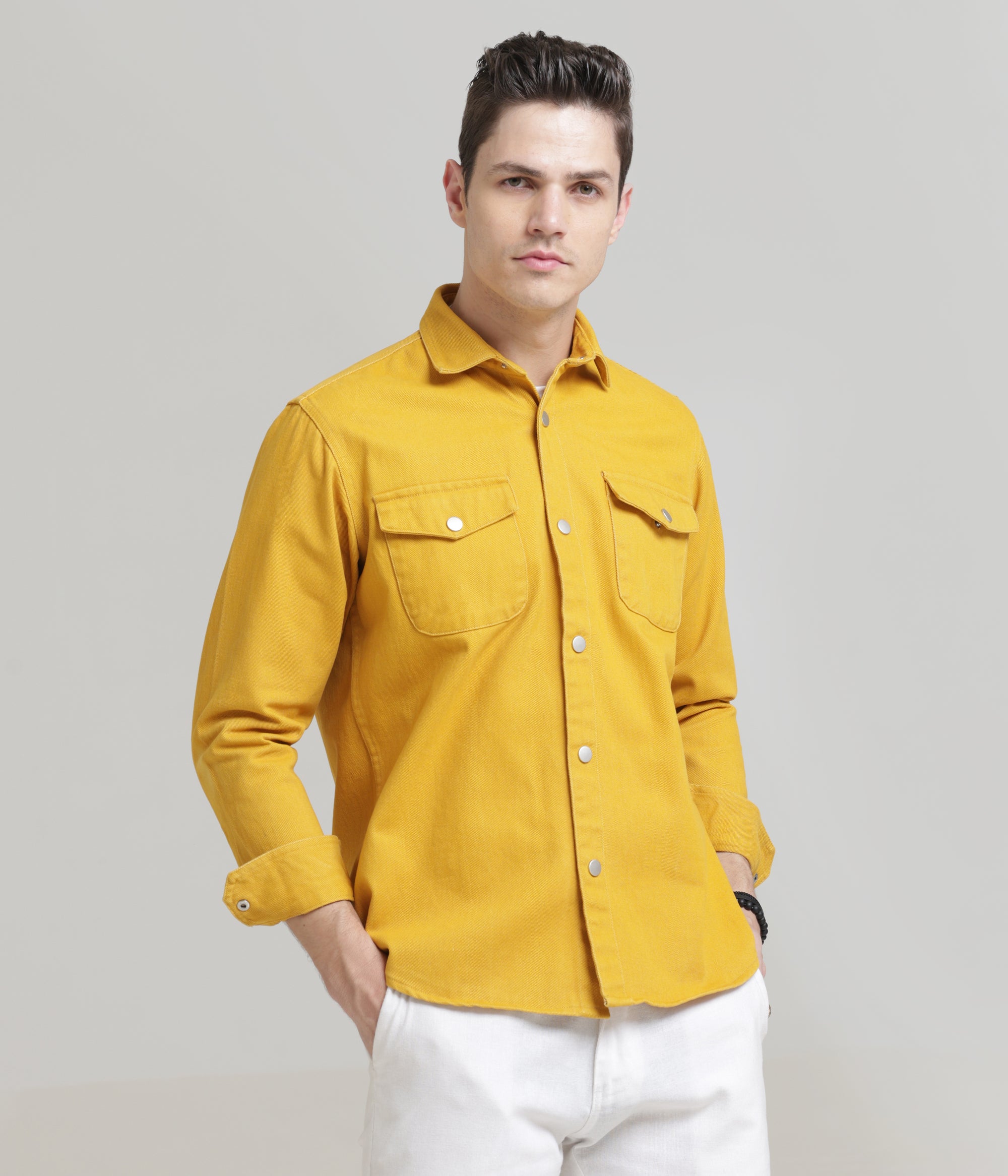 Yellow Classic Fit Double Pocket Shirt in Heavy Twill Cotton