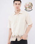 Overhanging Beige Herbs Bottom Embroidery Cotton Linen Half Sleeve Shirt