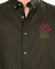 Olive Bloom Embroidered Relaxed Fit Linen Shirt