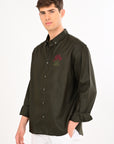 Olive Bloom Embroidered Relaxed Fit Linen Shirt