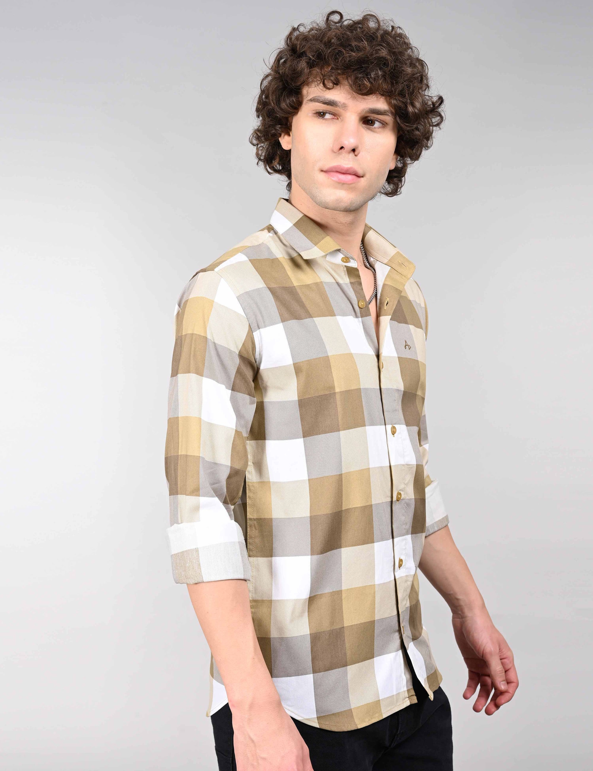 Tan check full sleeve regular fit shirt