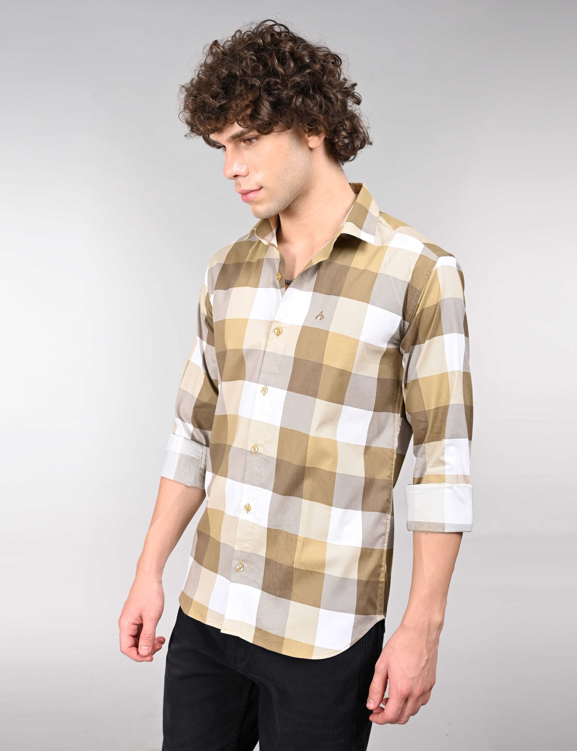 Tan check full sleeve regular fit shirt