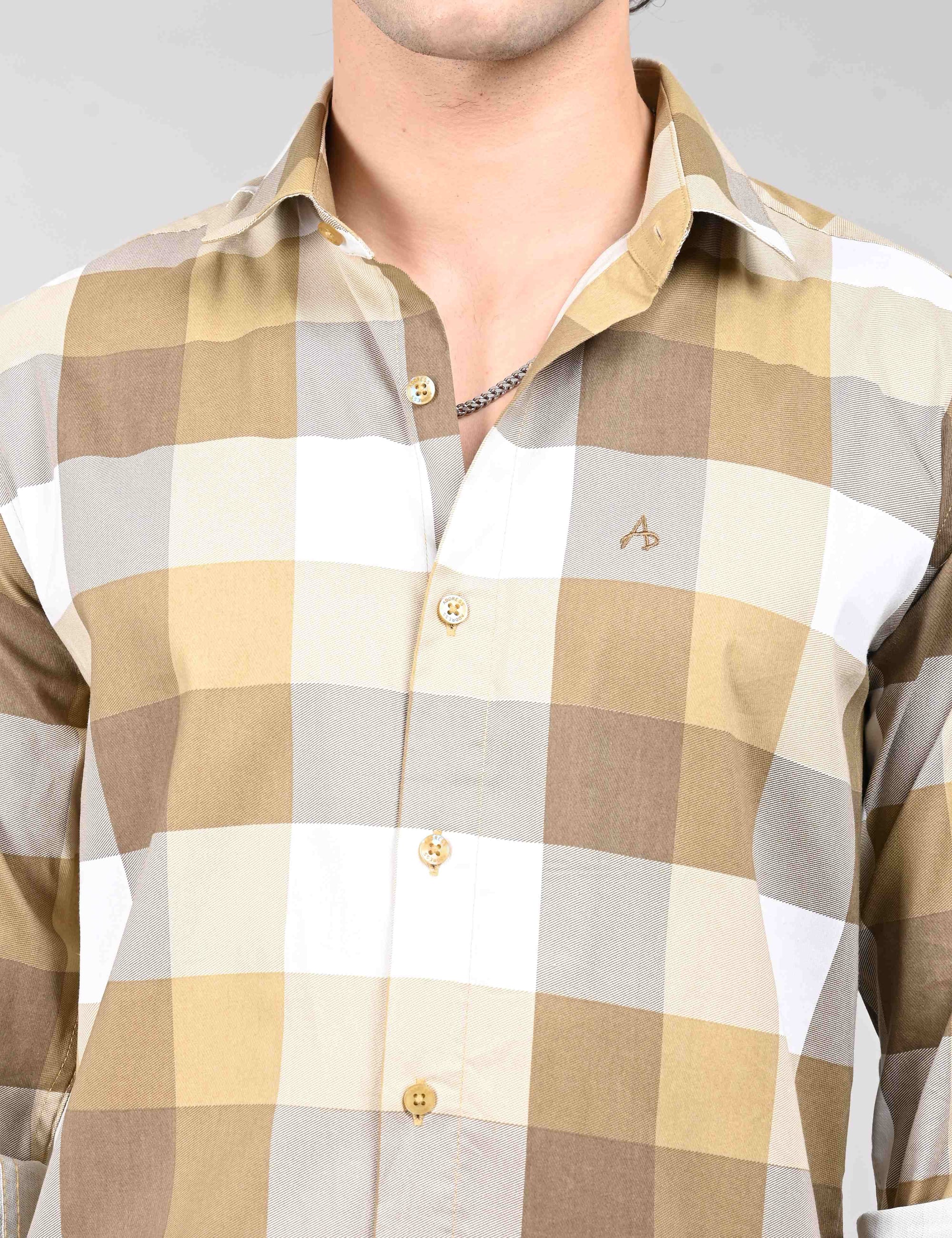 Tan check full sleeve regular fit shirt