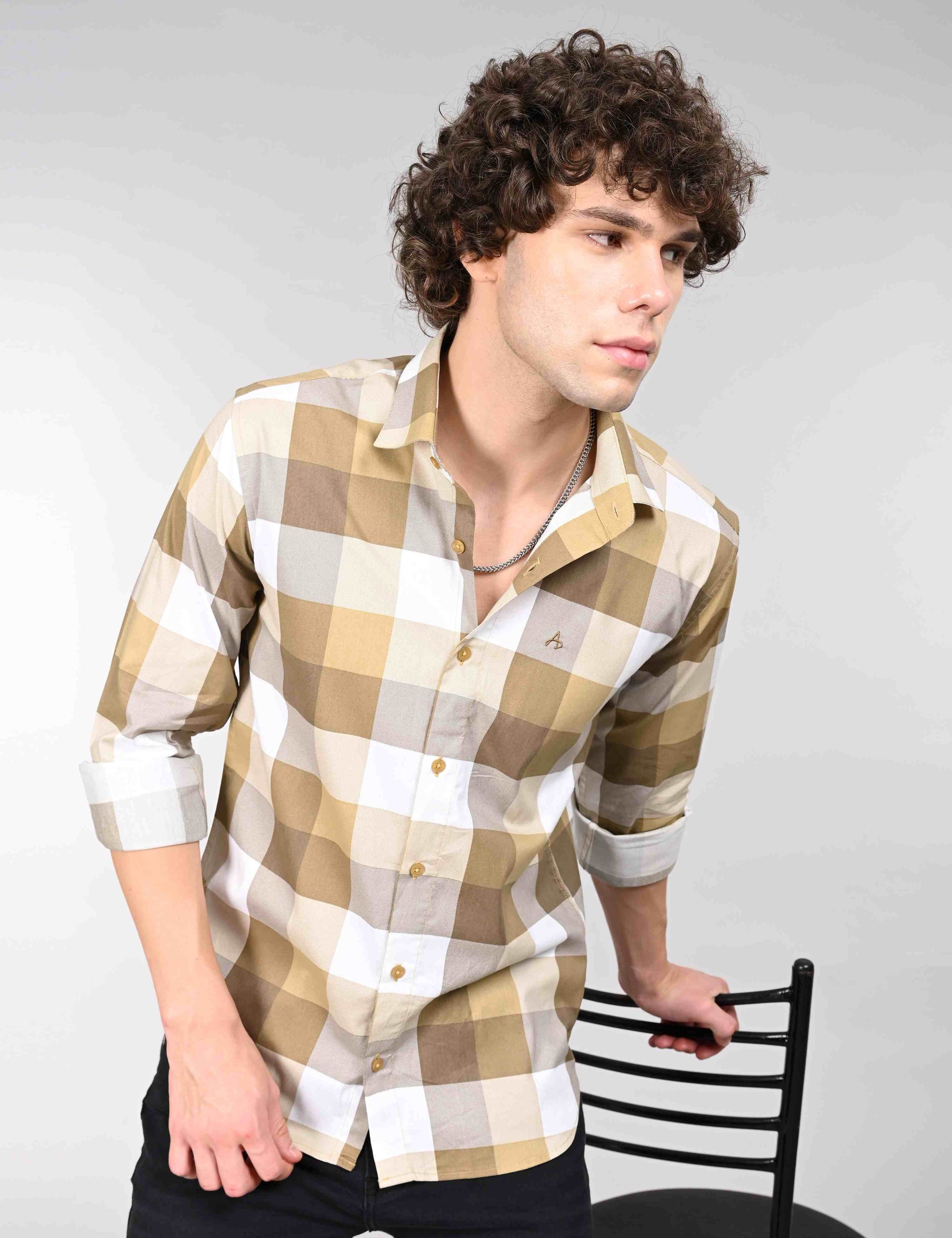 Tan check full sleeve regular fit shirt