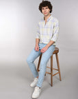Full sleeve tea green slim fit check shirt