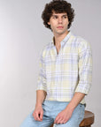 Full sleeve tea green slim fit check shirt