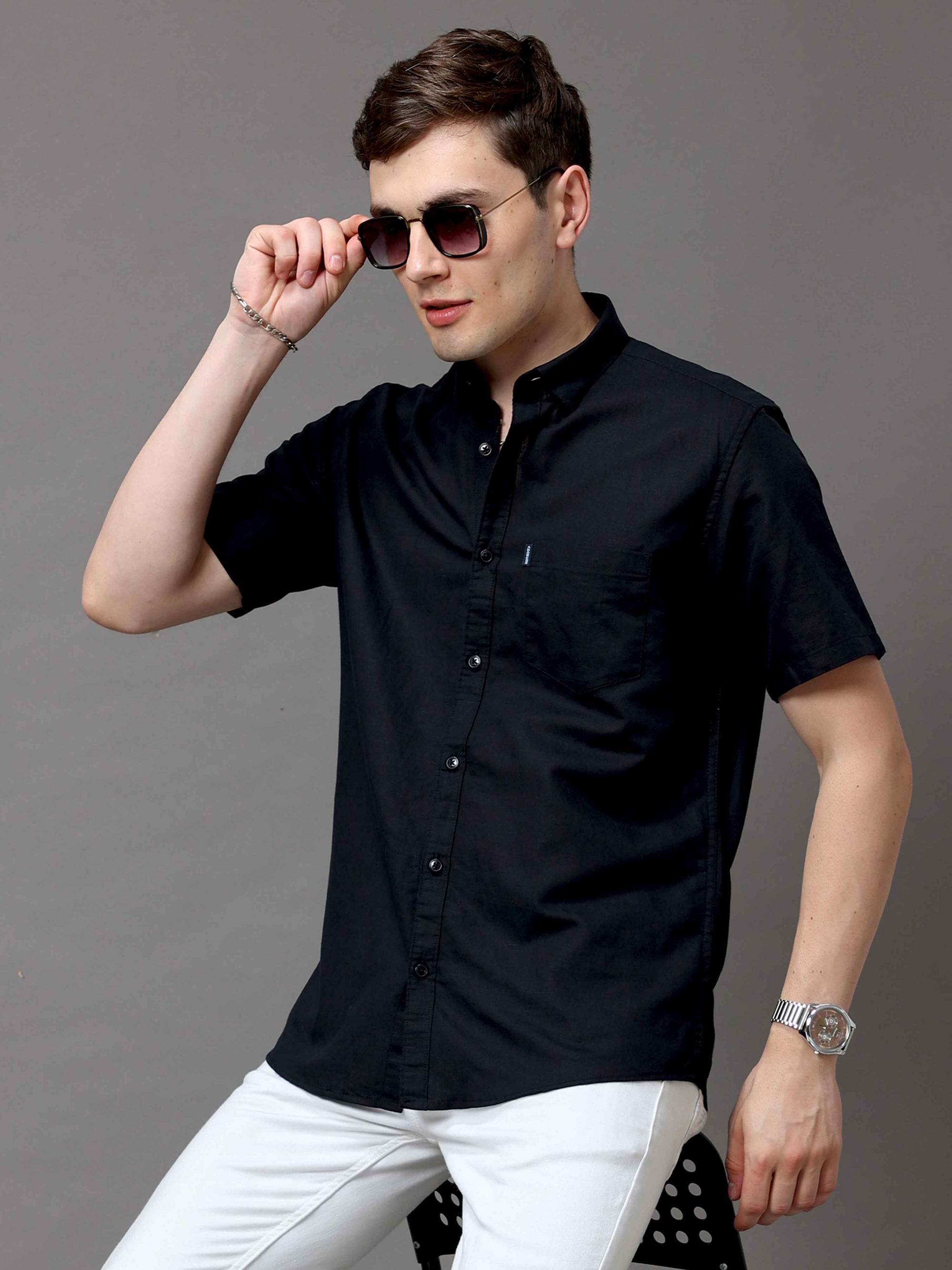 Slim Fit Black Half Sleeve Shirt