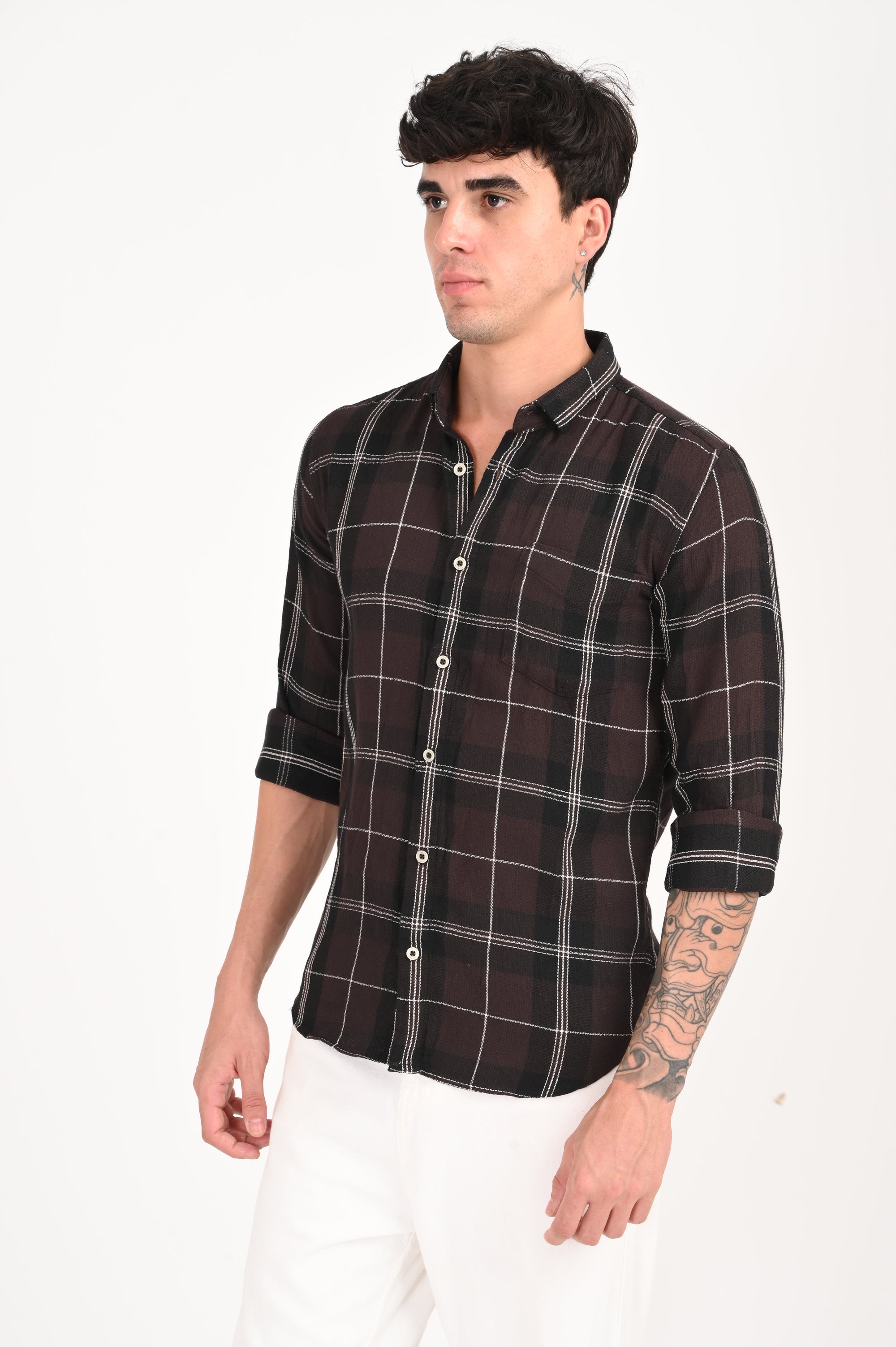 Brown Long Check Slim Fit Shirt