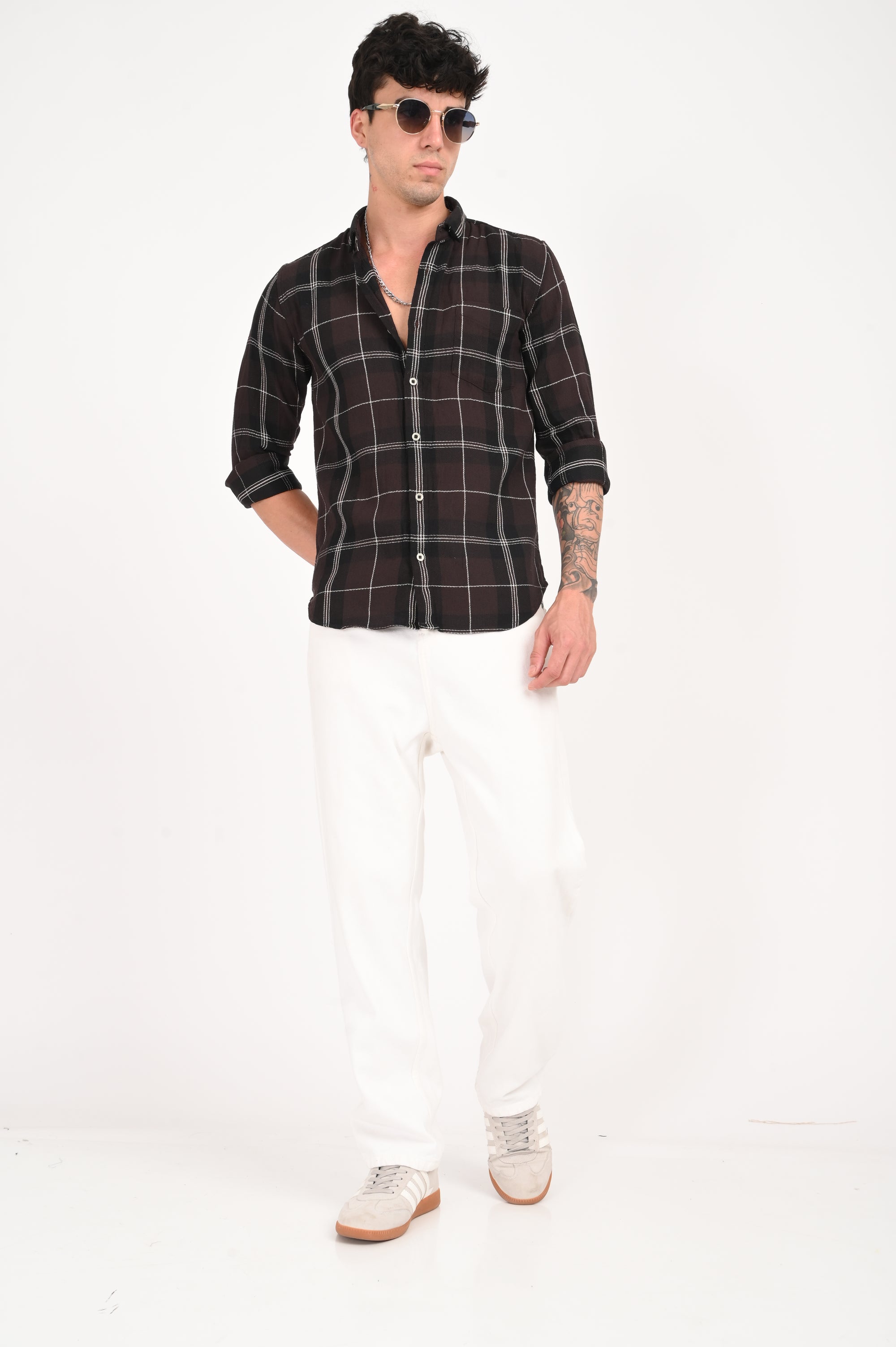 Brown Long Check Slim Fit Shirt