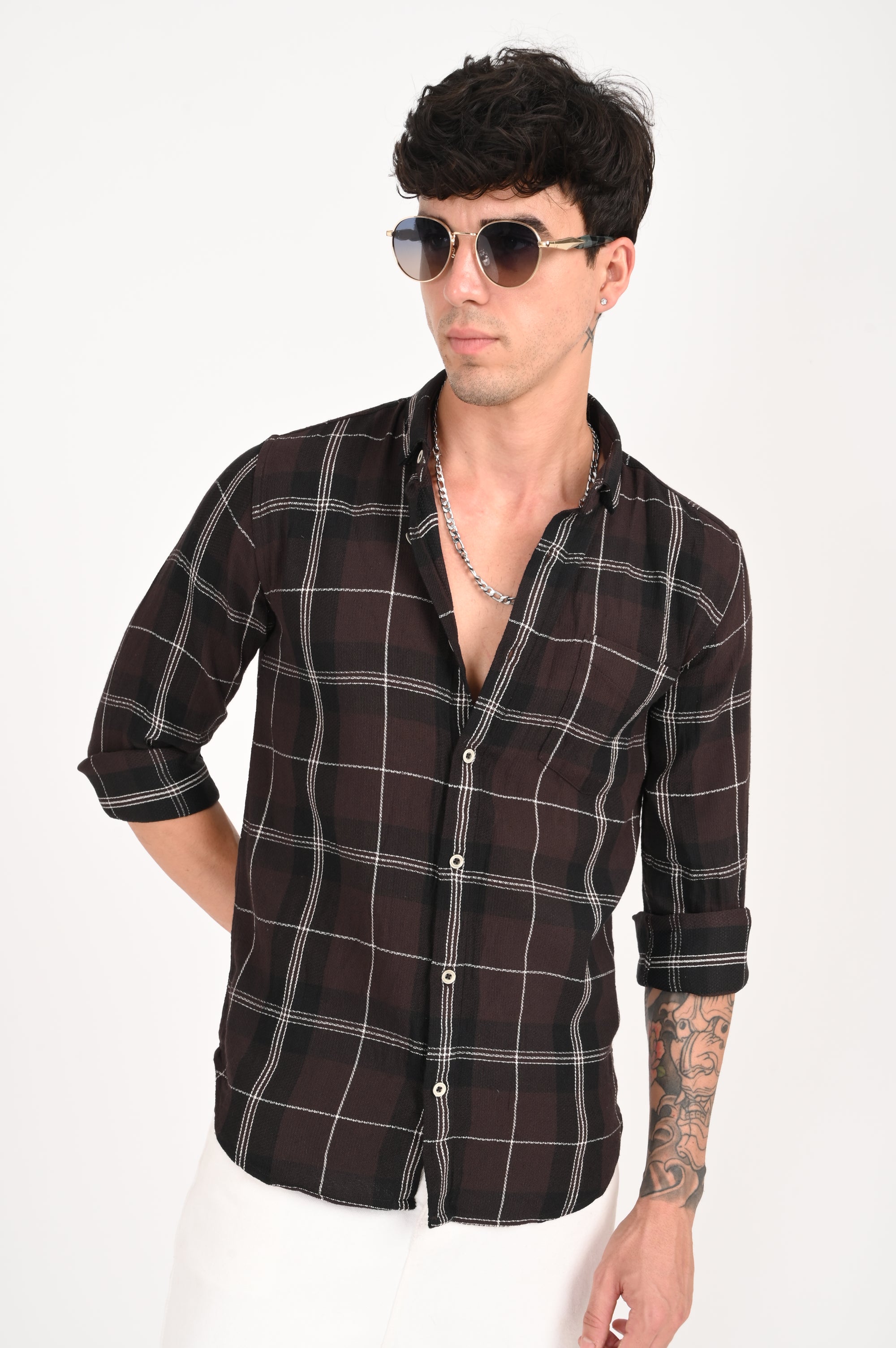 Brown Long Check Slim Fit Shirt