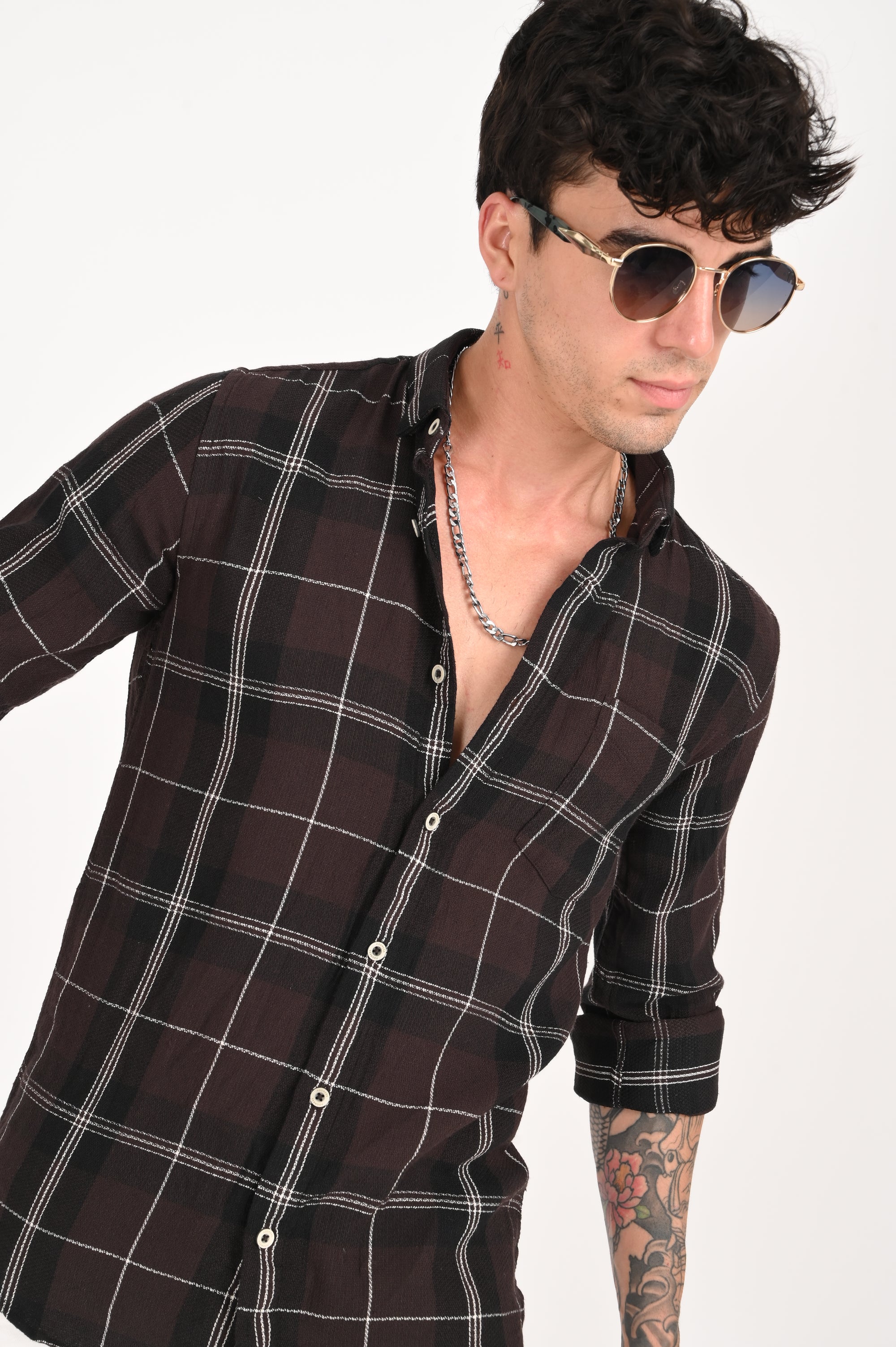 Brown Long Check Slim Fit Shirt