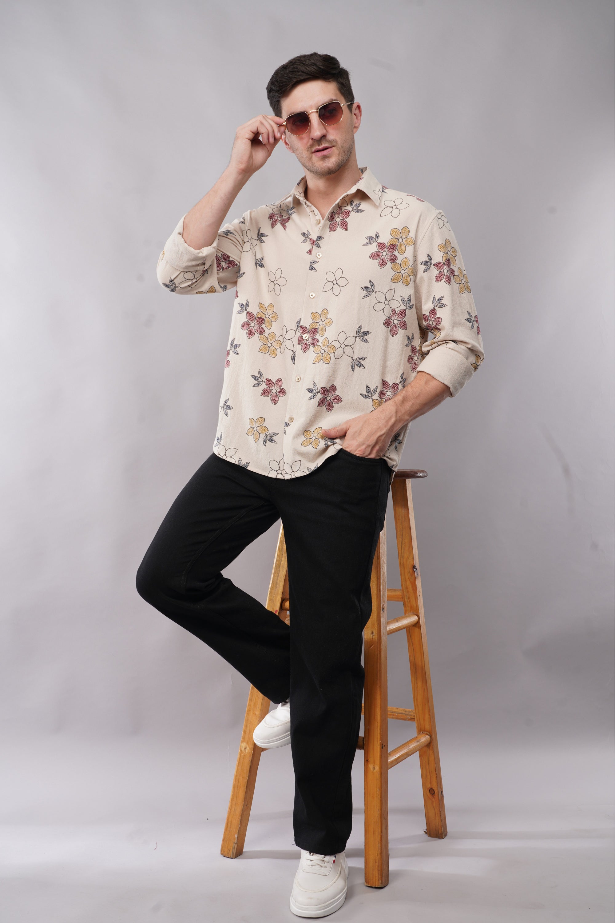 Relaxed Fit Floral Print Cream Color Shirt
