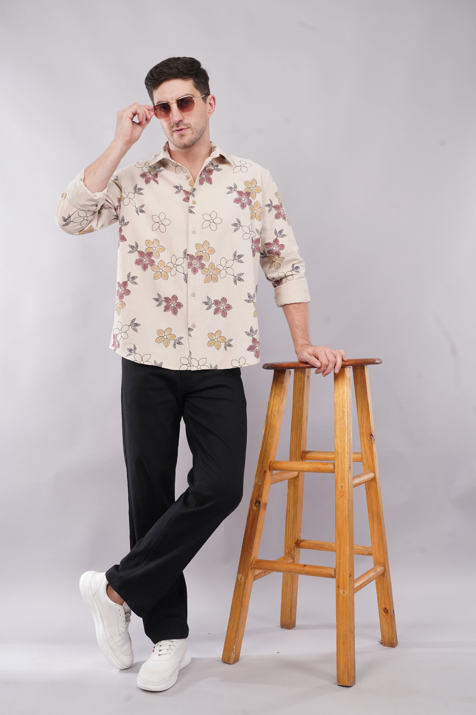 Relaxed Fit Floral Print Cream Color Shirt