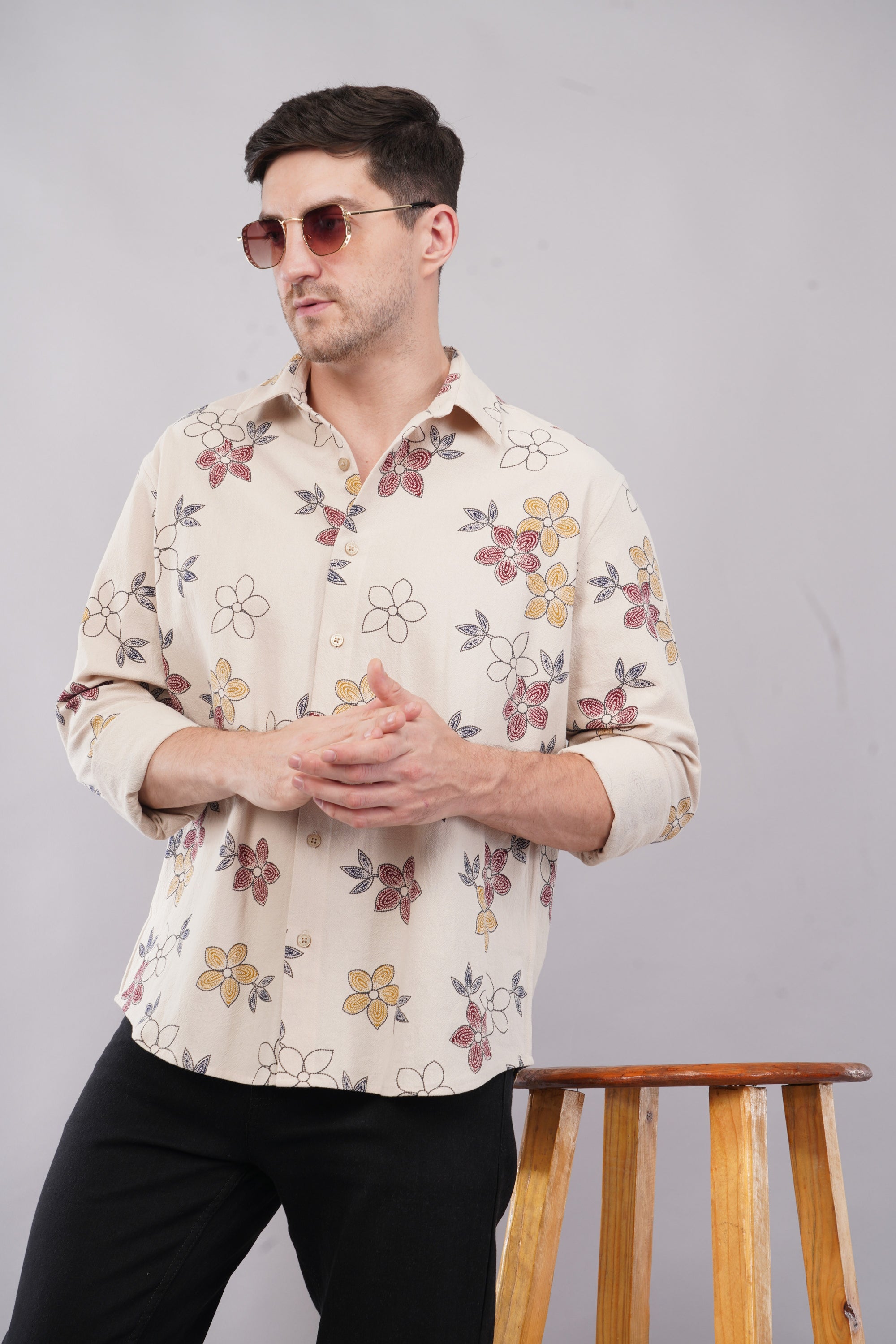 Relaxed Fit Floral Print Cream Color Shirt