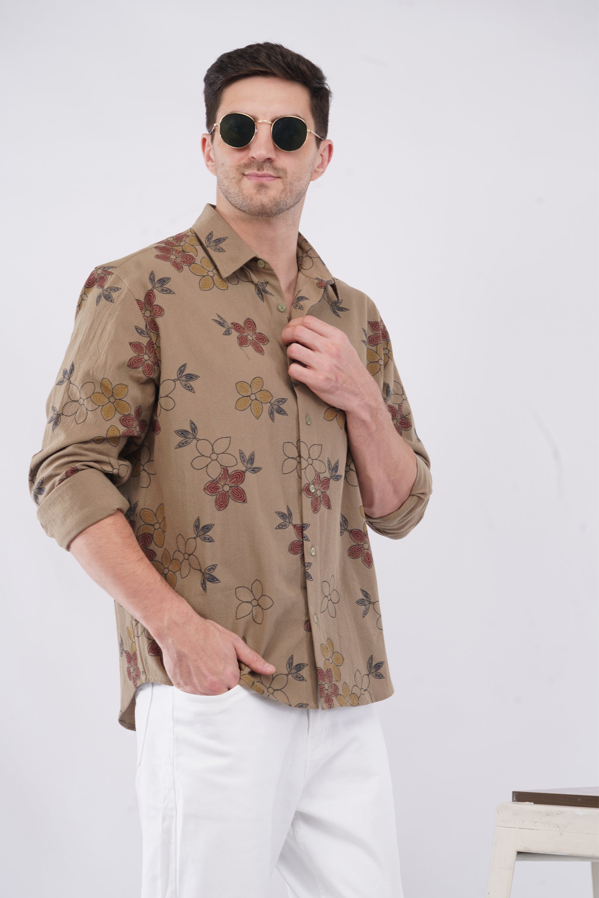 Relaxed Fit Floral Print Khaki Shirt