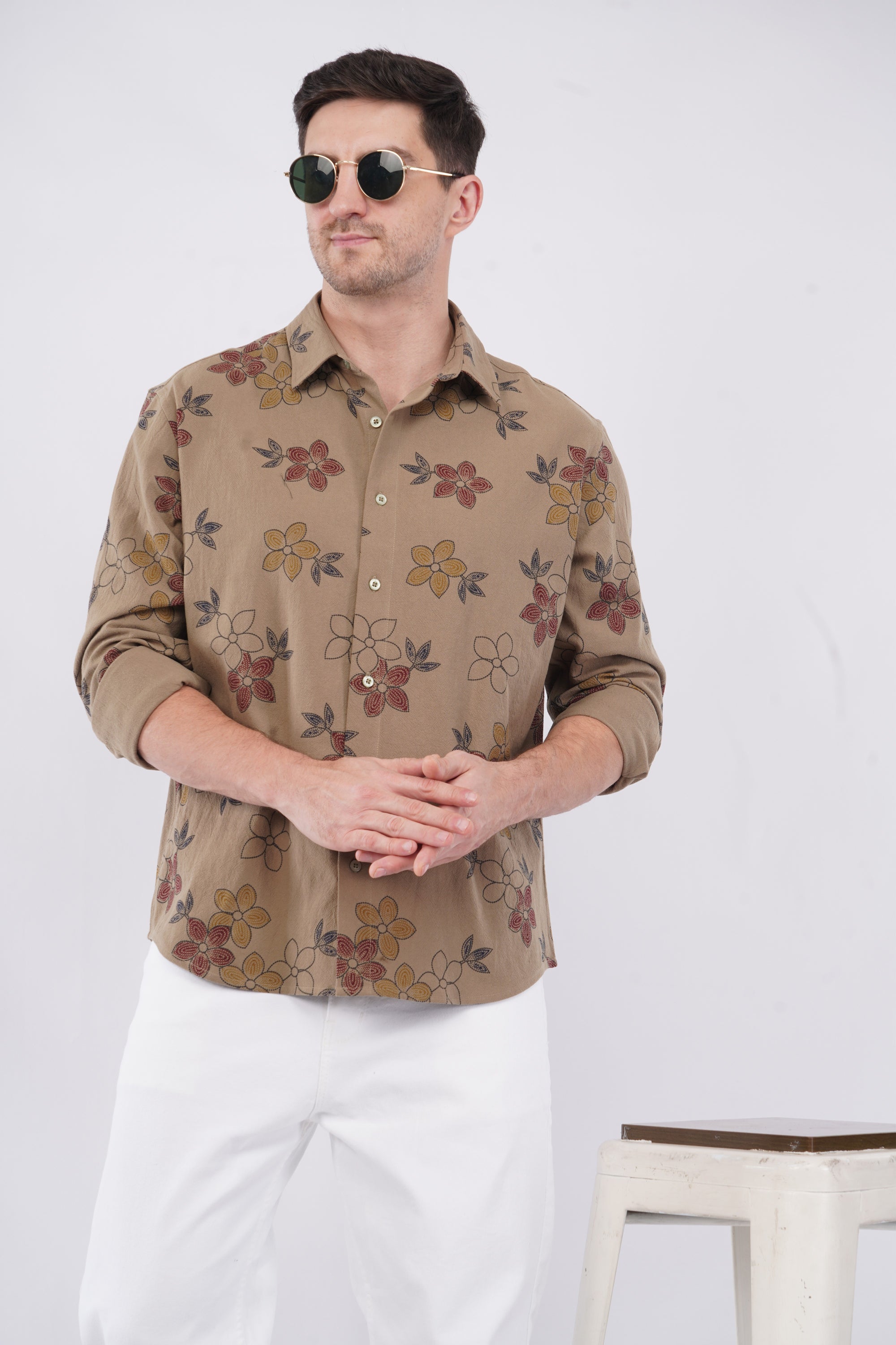 Relaxed Fit Floral Print Khaki Shirt