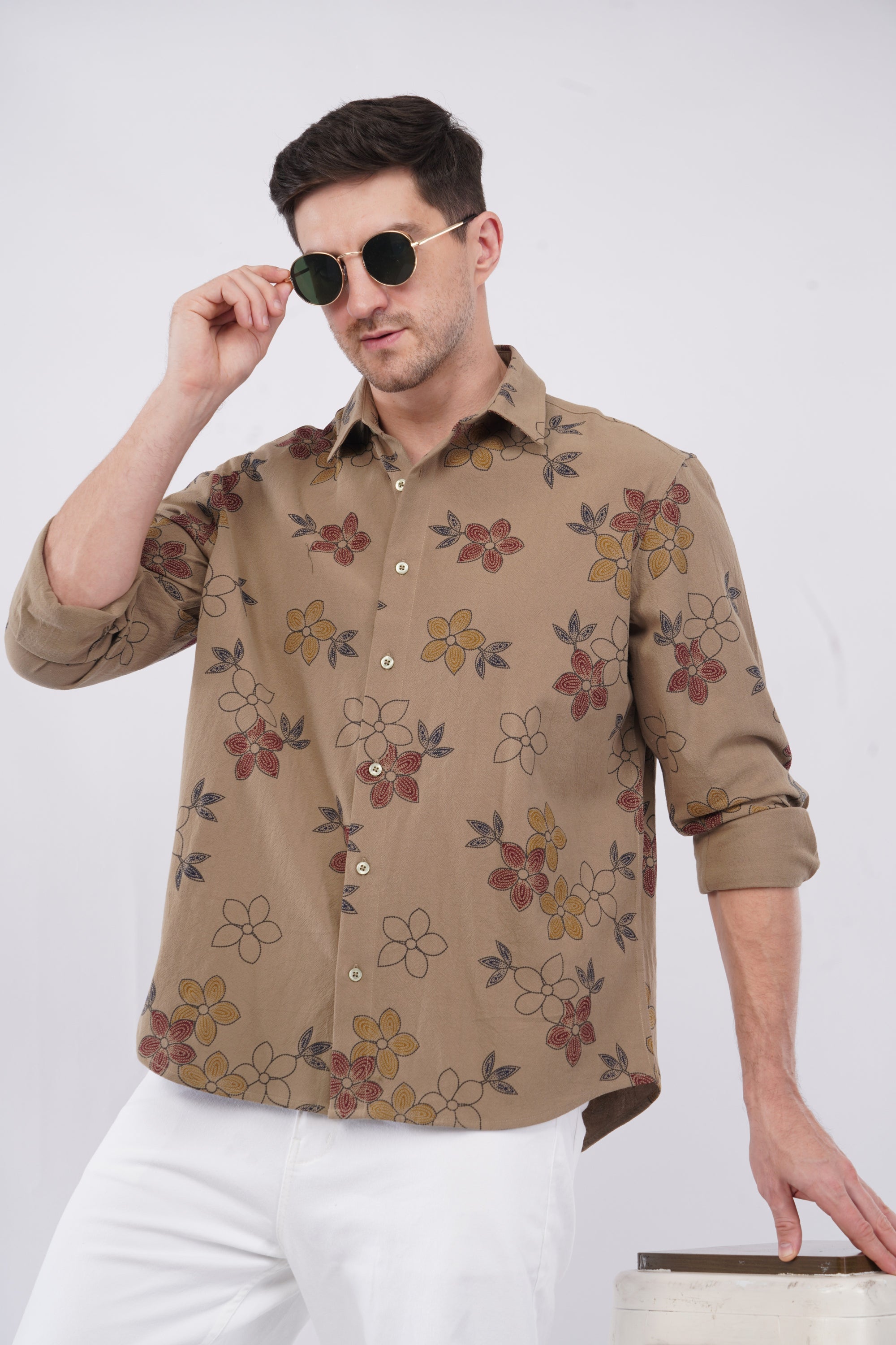 Relaxed Fit Floral Print Khaki Shirt