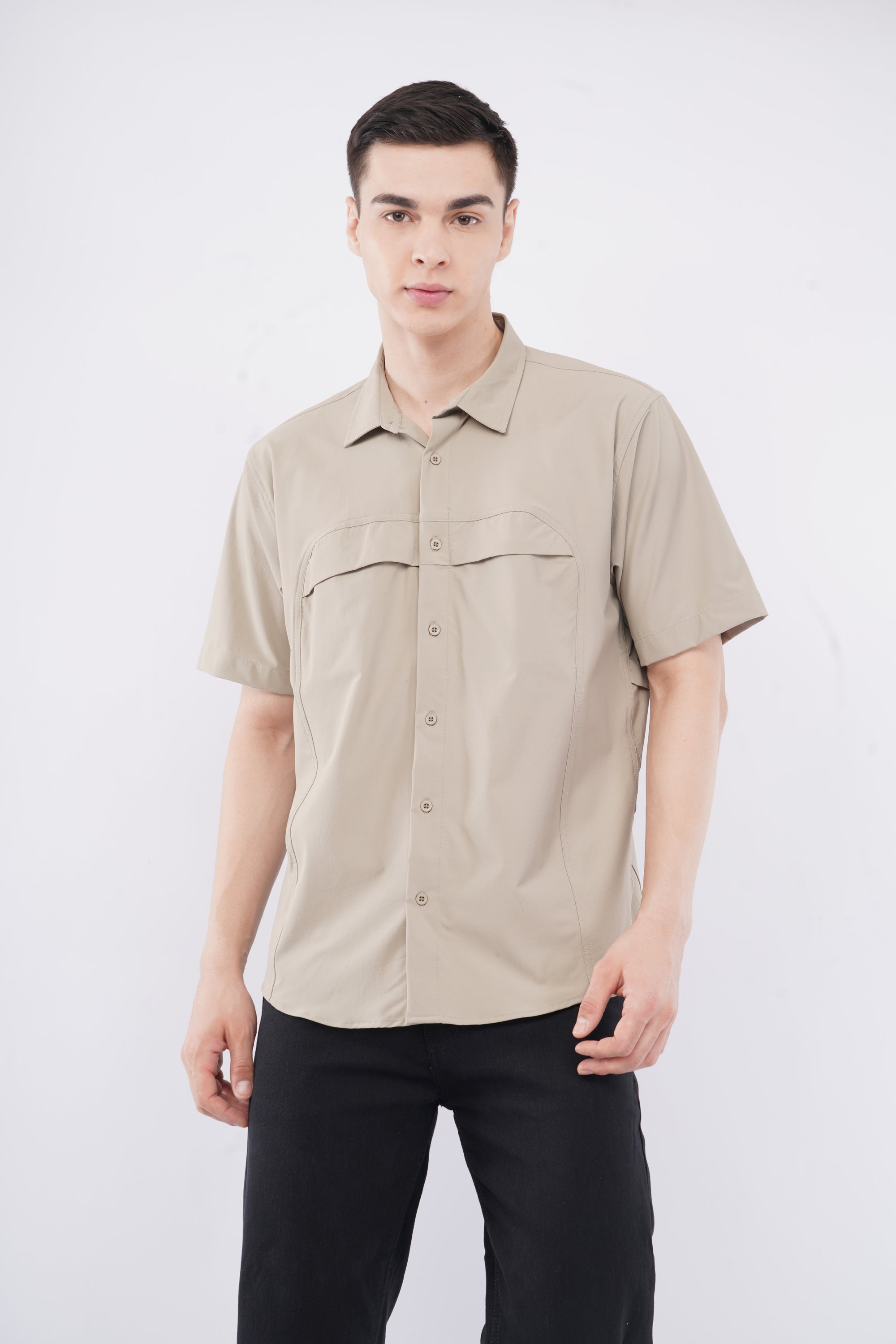 Half Sleeve Regular Fit Double Flap Beige Shirt