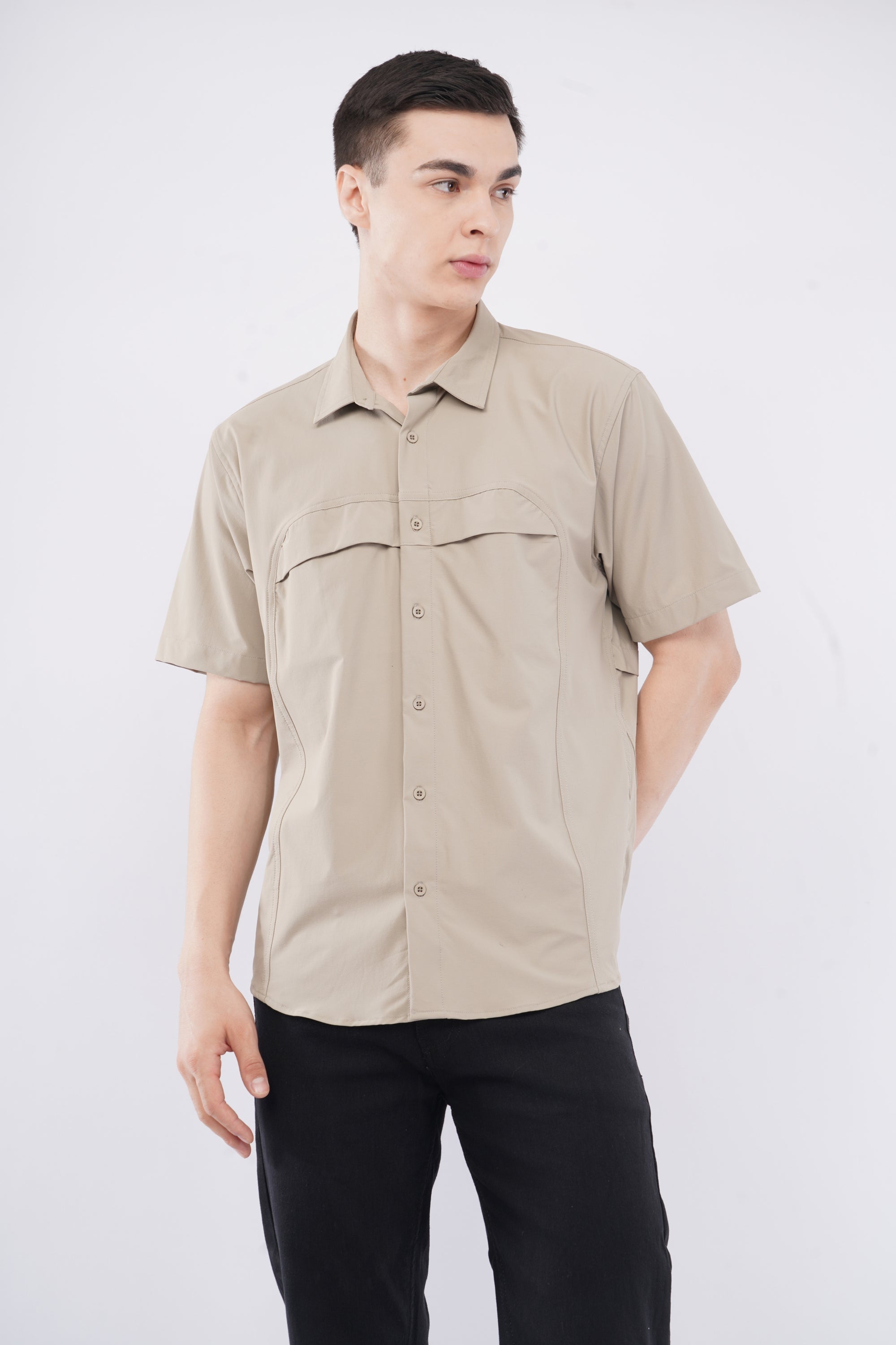 Half Sleeve Regular Fit Double Flap Beige Shirt