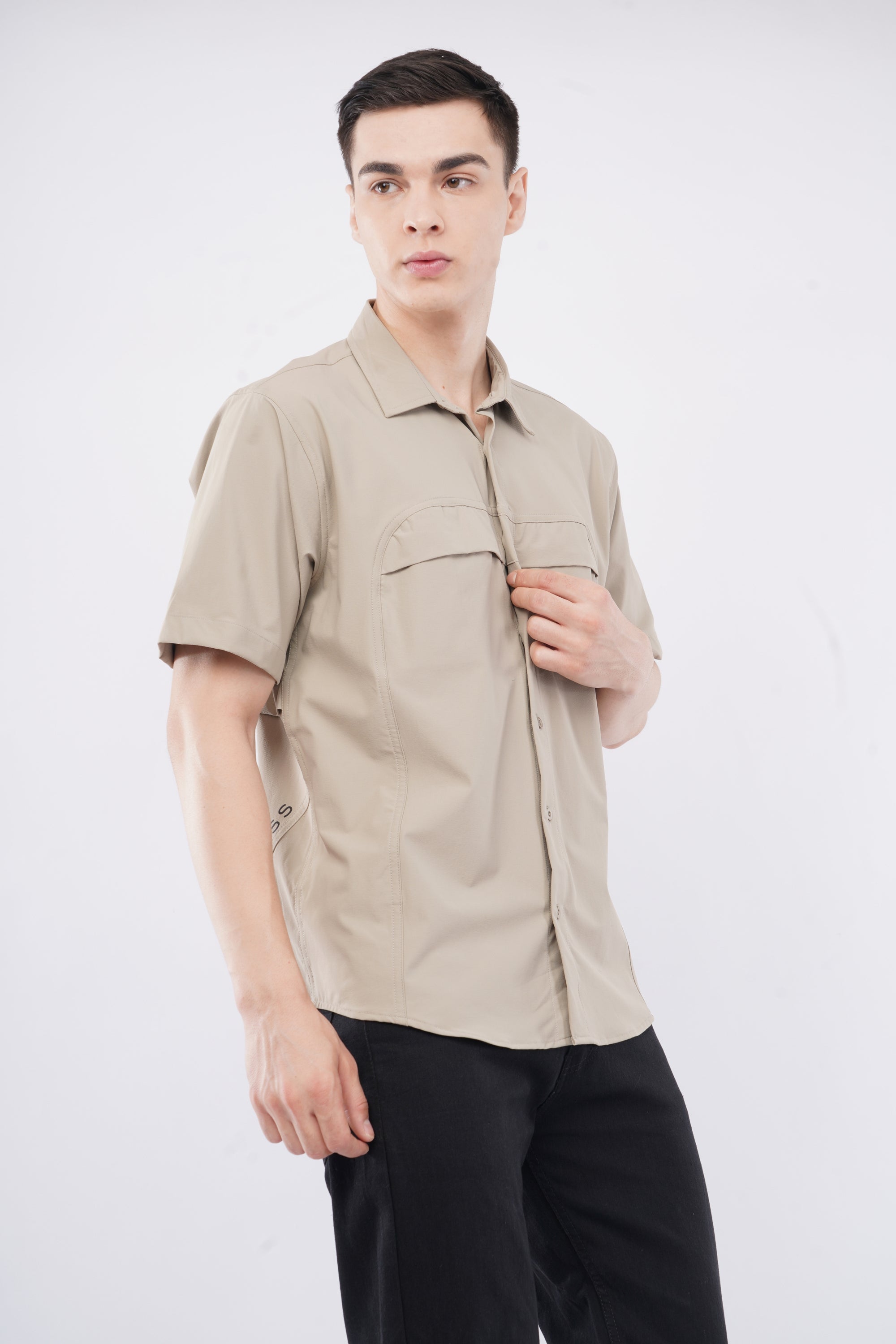 Half Sleeve Regular Fit Double Flap Beige Shirt