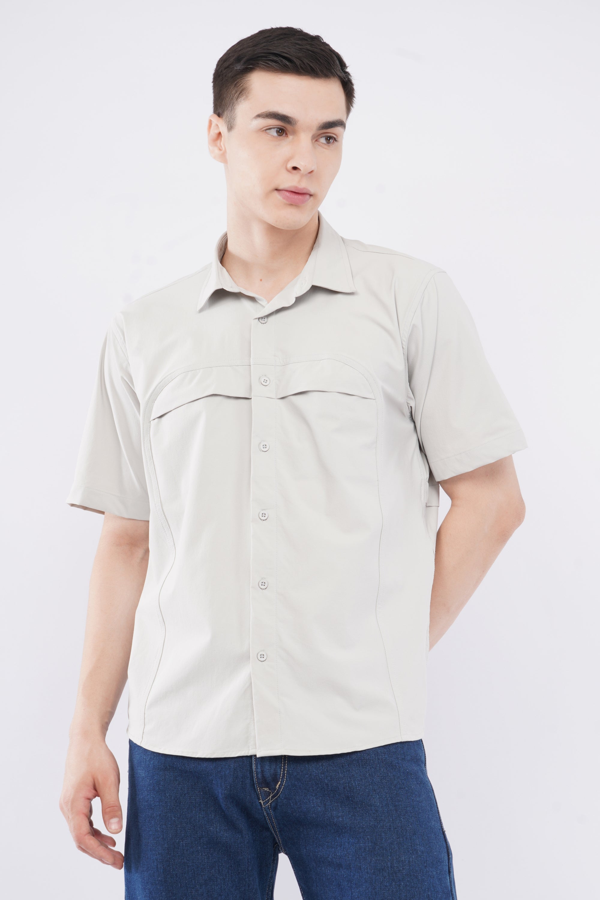 Half Sleeve Regular Fit Double Flap Shirt in Gray
