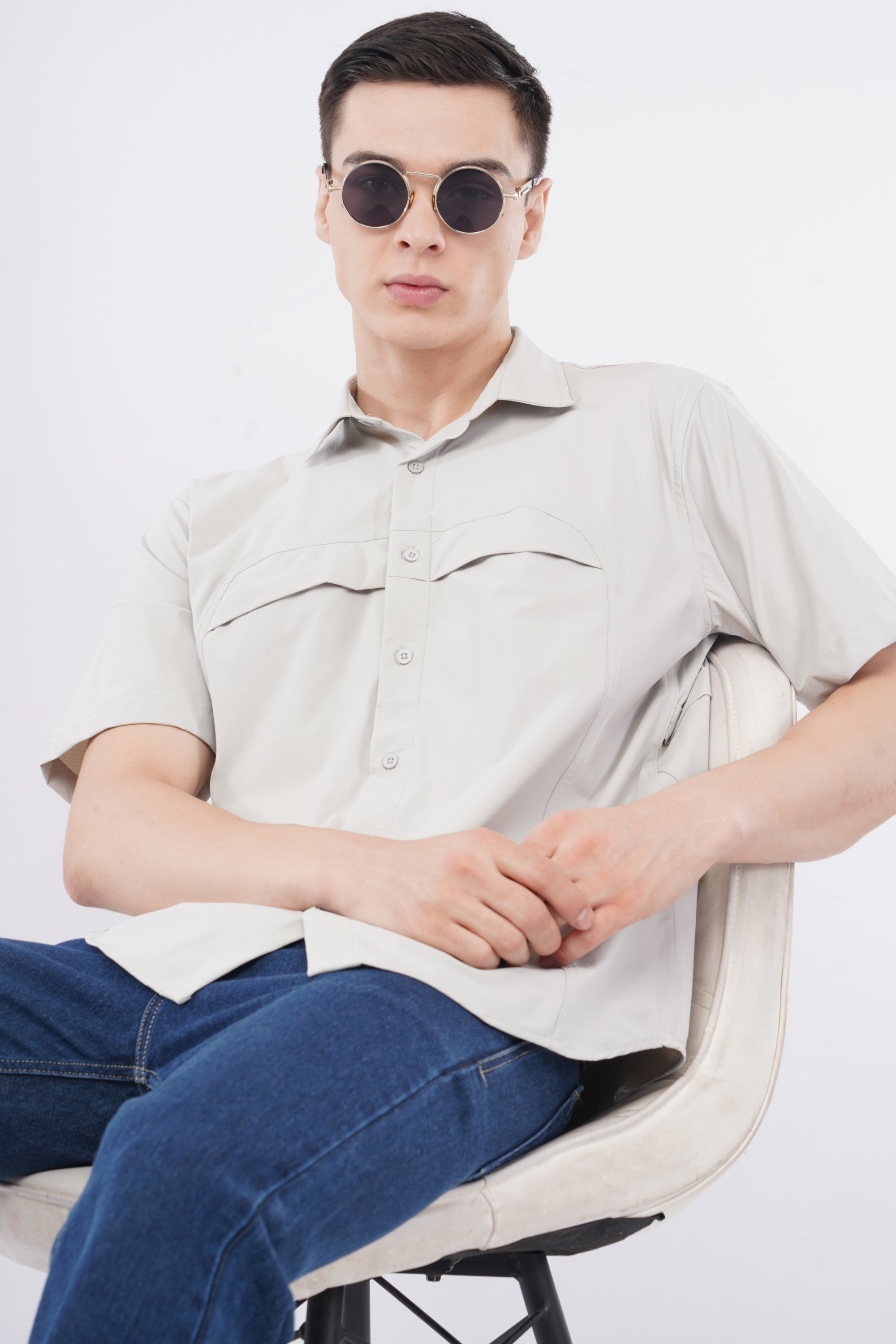 Half Sleeve Regular Fit Double Flap Shirt in Gray