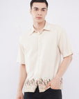 Overhanging Beige Herbs Bottom Embroidery Cotton Linen Half Sleeve Shirt