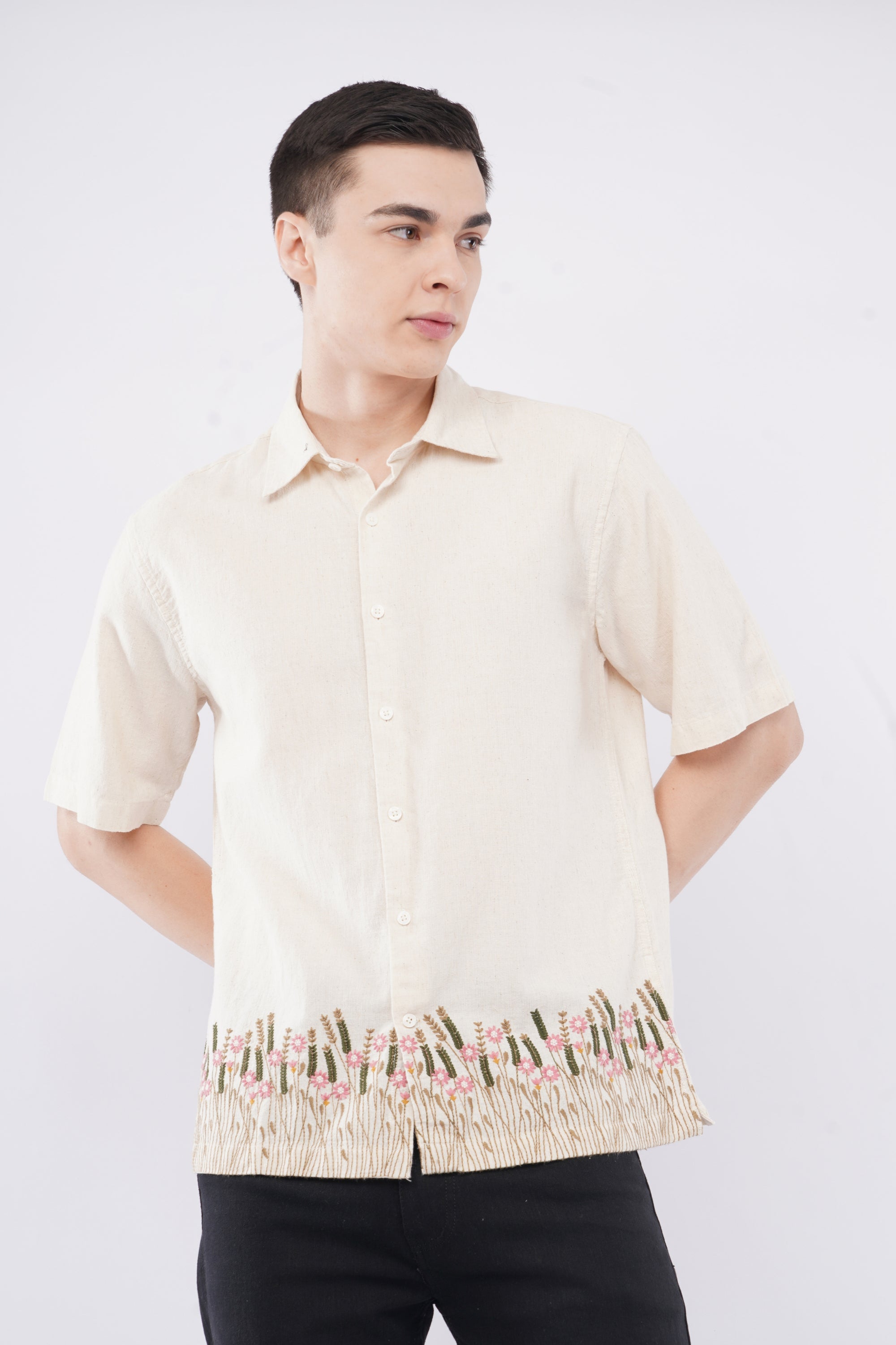Overhanging Beige Herbs Bottom Embroidery Cotton Linen Half Sleeve Shirt