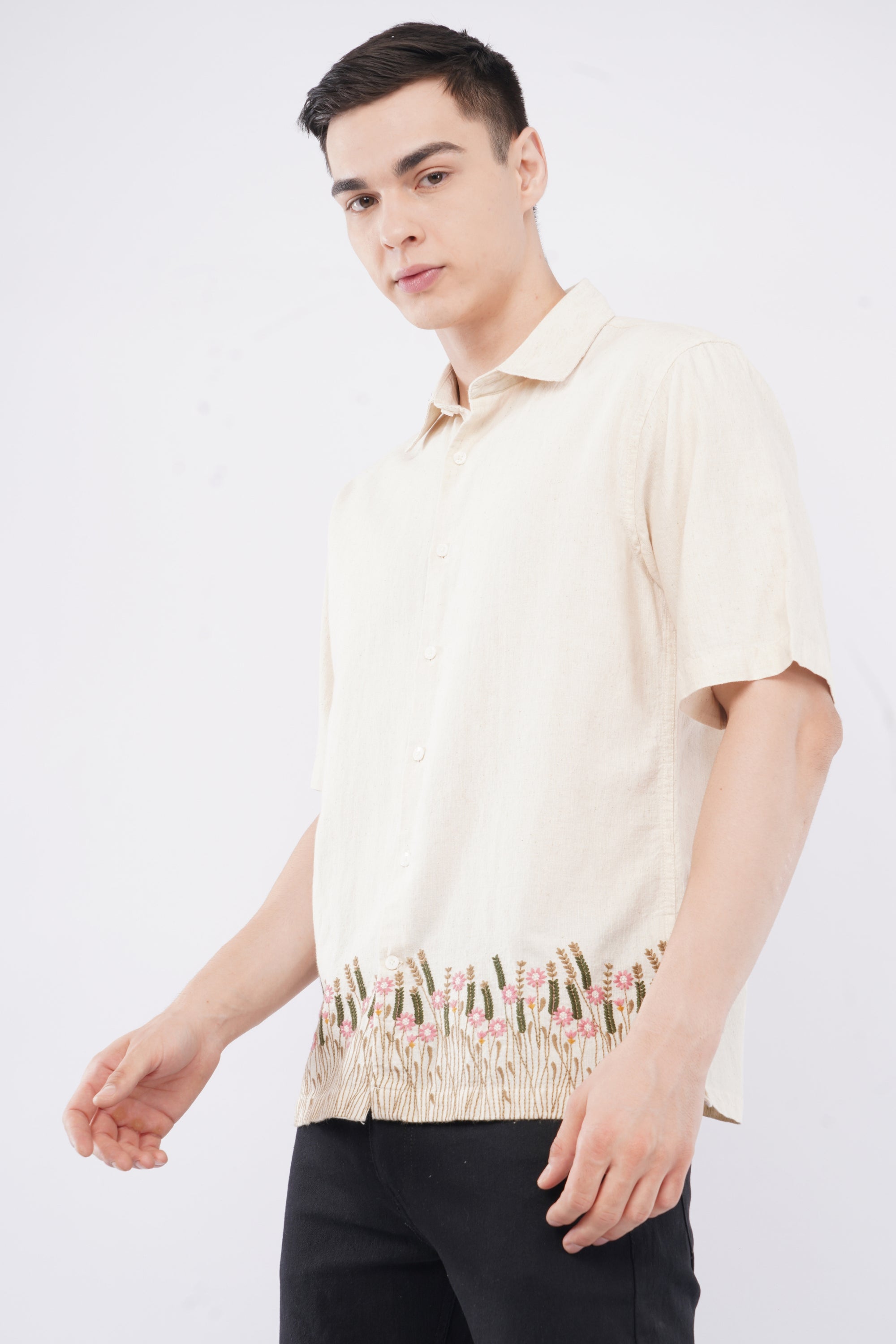 Overhanging Beige Herbs Bottom Embroidery Cotton Linen Half Sleeve Shirt