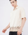 Overhanging Beige Herbs Bottom Embroidery Cotton Linen Half Sleeve Shirt