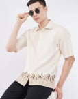 Overhanging Beige Herbs Bottom Embroidery Cotton Linen Half Sleeve Shirt