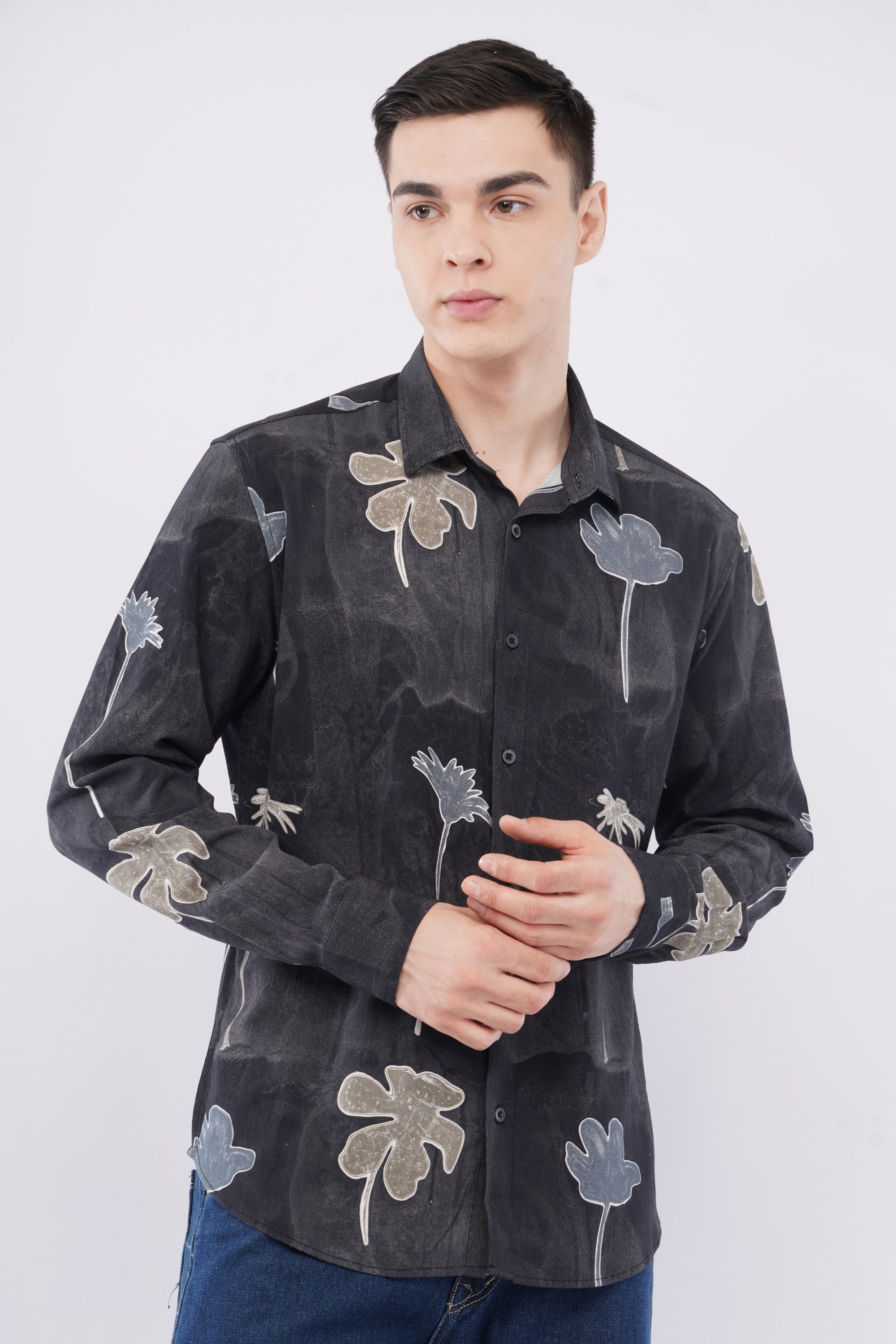 Tapered Fit Floral Print Black Full Sleeve Shirt