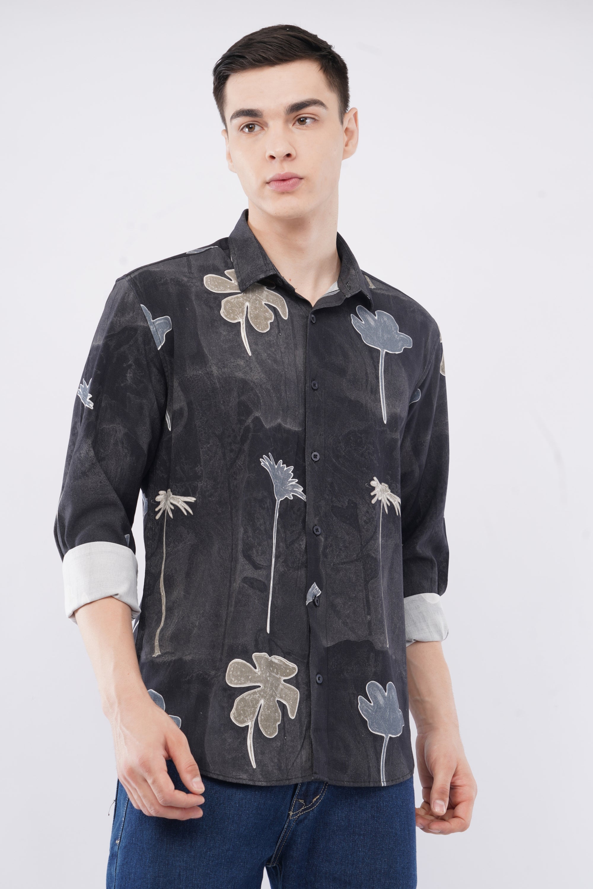 Tapered Fit Floral Print Black Full Sleeve Shirt