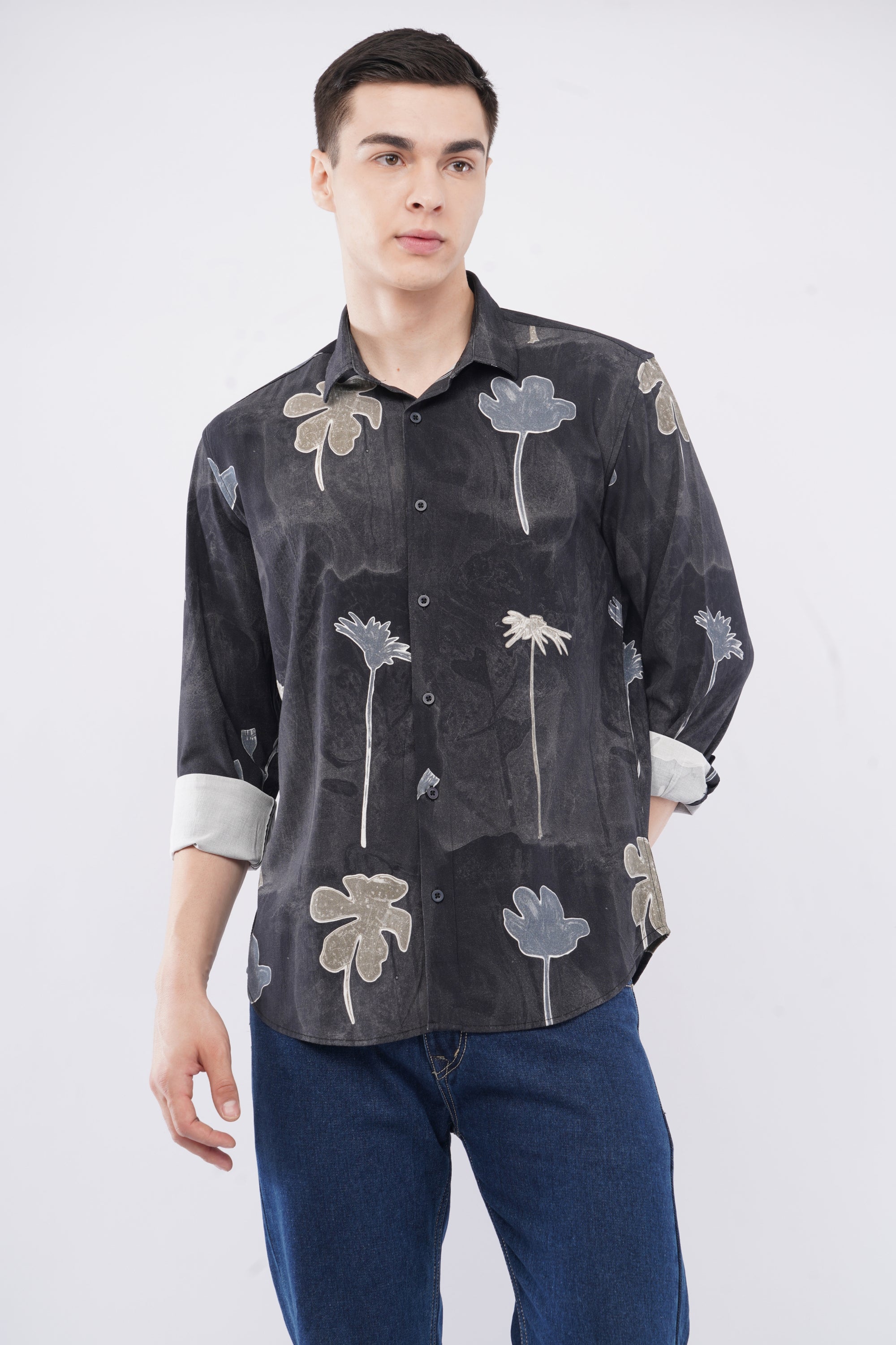 Tapered Fit Floral Print Black Full Sleeve Shirt