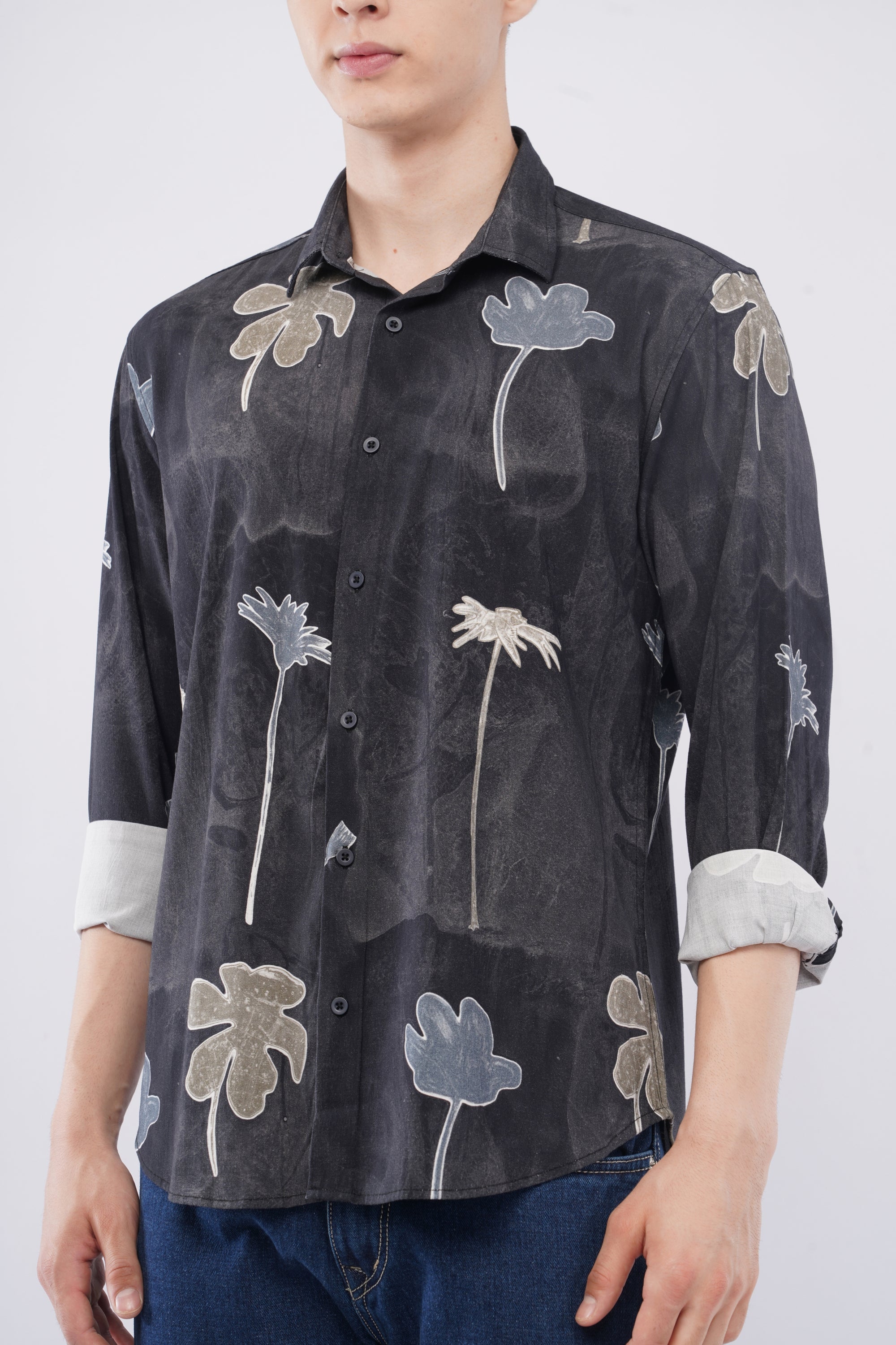 Tapered Fit Floral Print Black Full Sleeve Shirt
