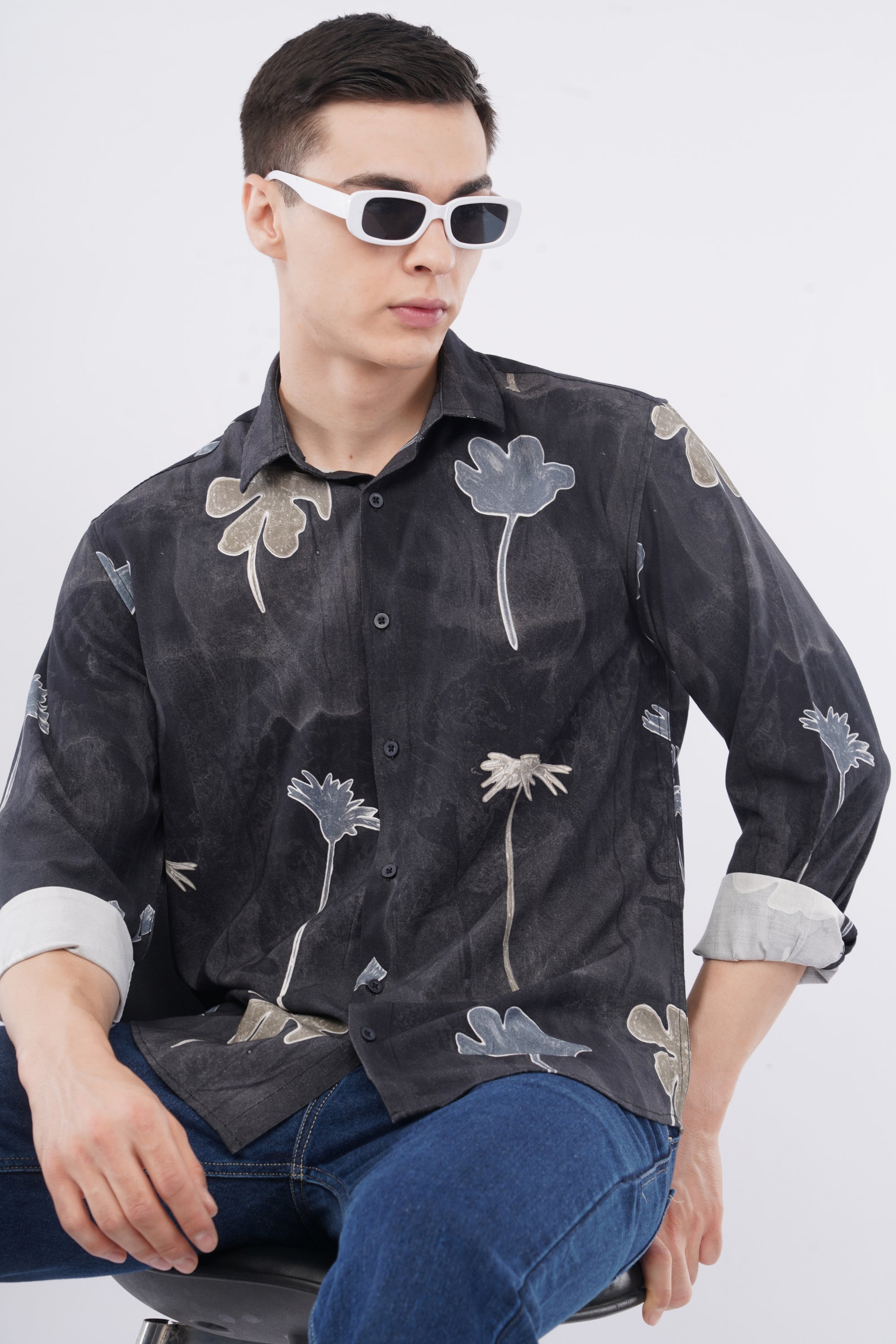 Tapered Fit Floral Print Black Full Sleeve Shirt