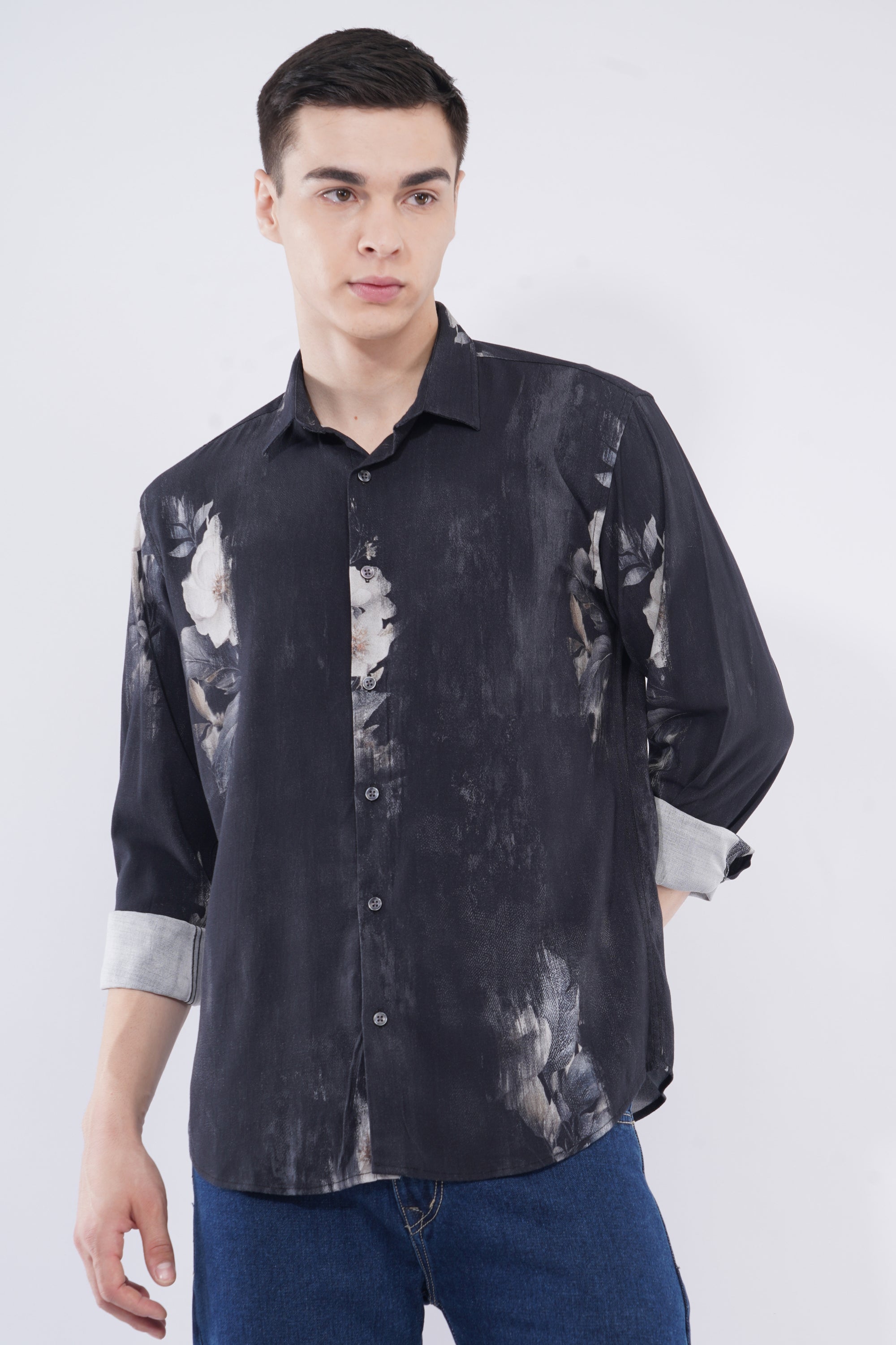 Tapered Fit Bloom Print Black Full Sleeve Shirt