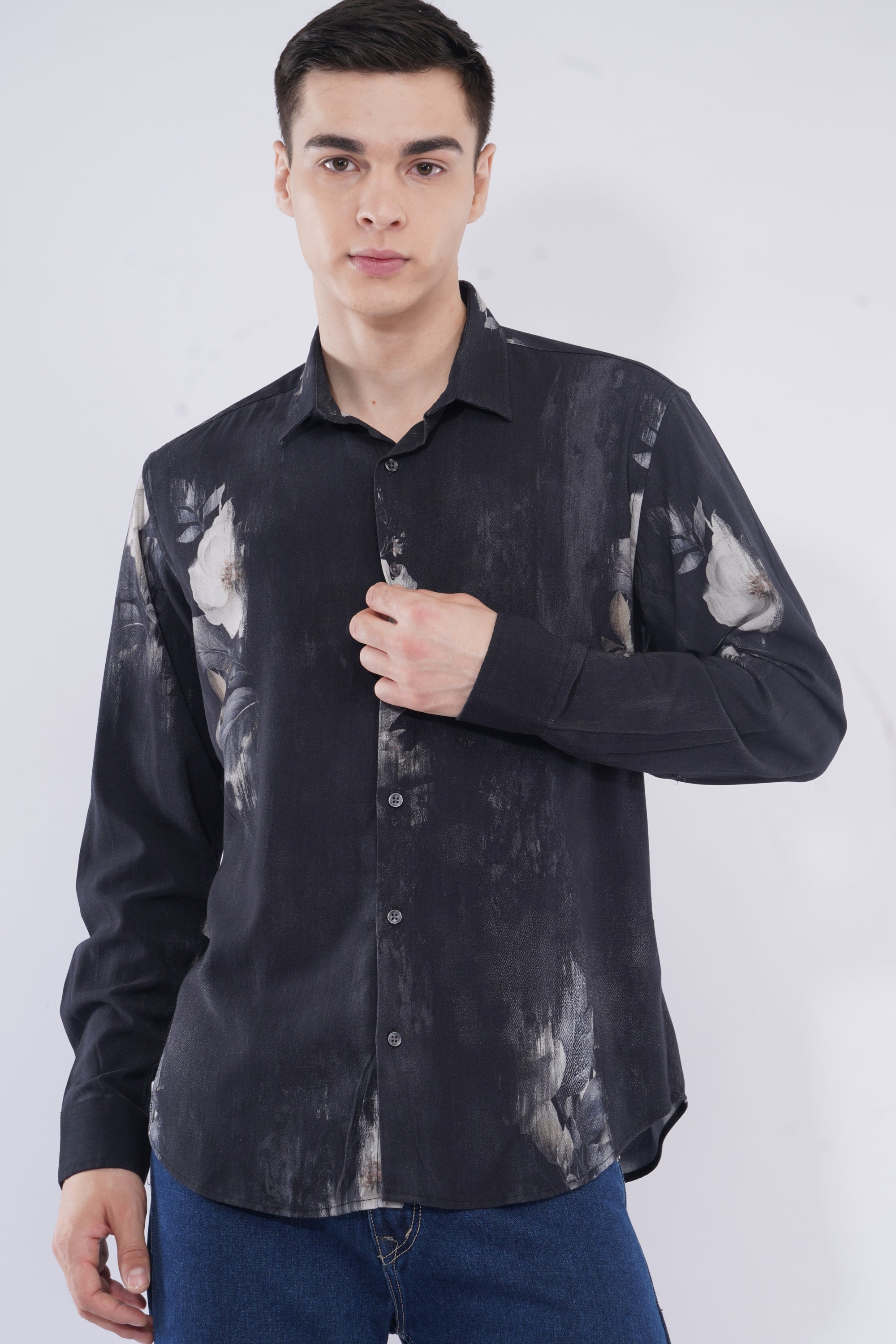 Tapered Fit Bloom Print Black Full Sleeve Shirt