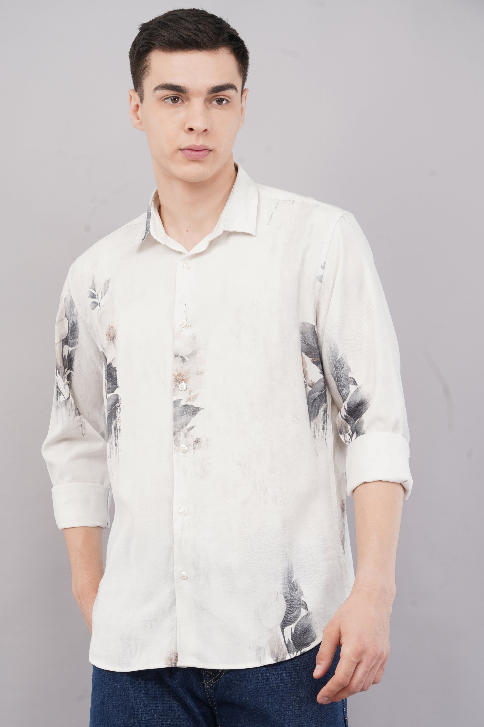 Tapered Fit Bloom Print White Full Sleeve Shirt
