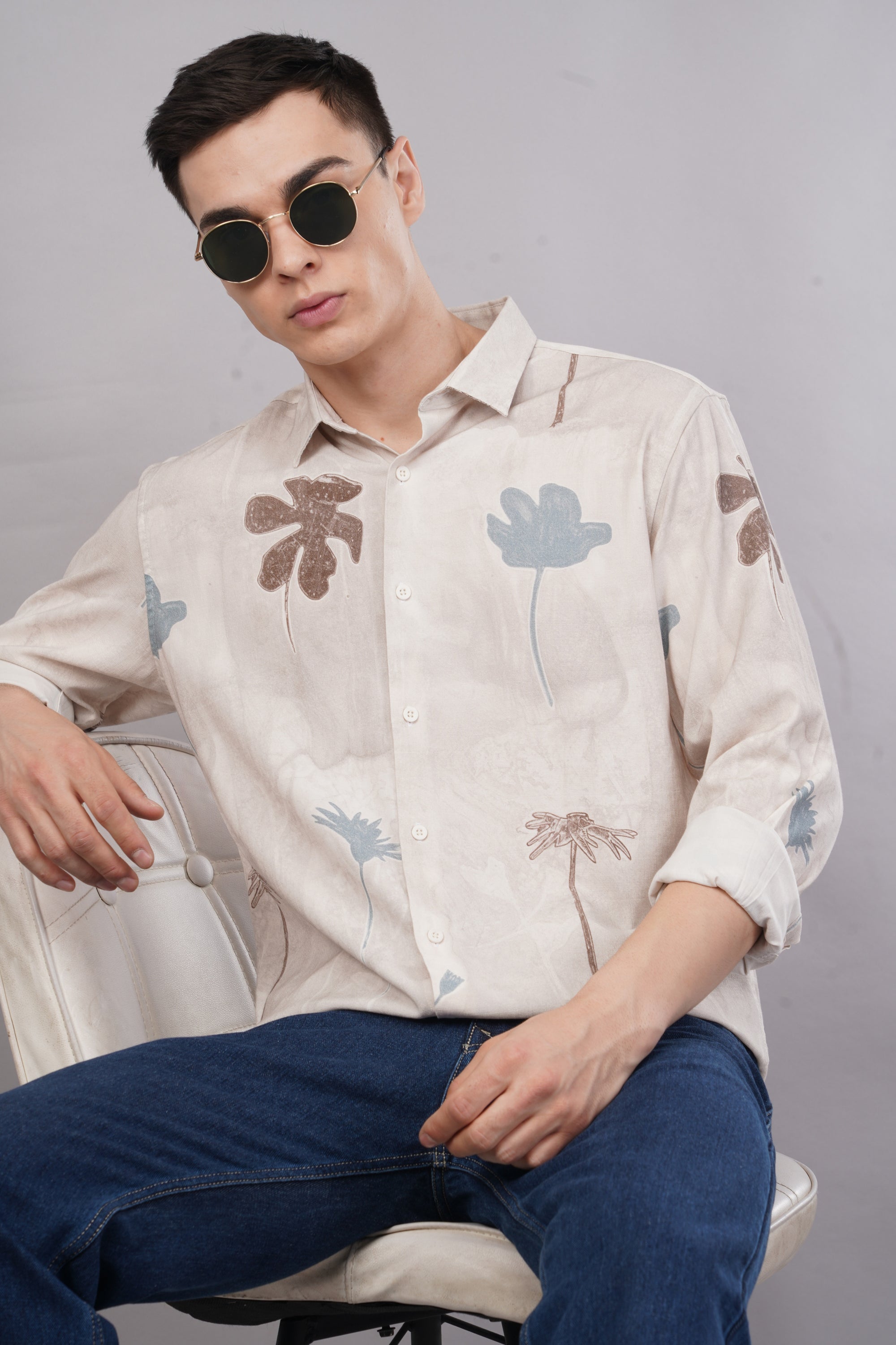 Tapered Fit Floral Print White Full Sleeve Shirt
