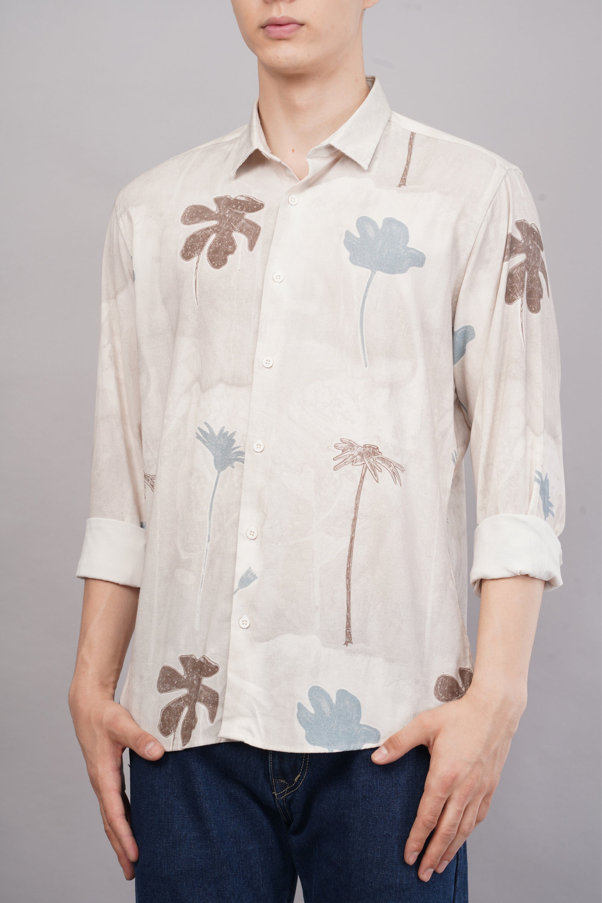 Tapered Fit Floral Print White Full Sleeve Shirt