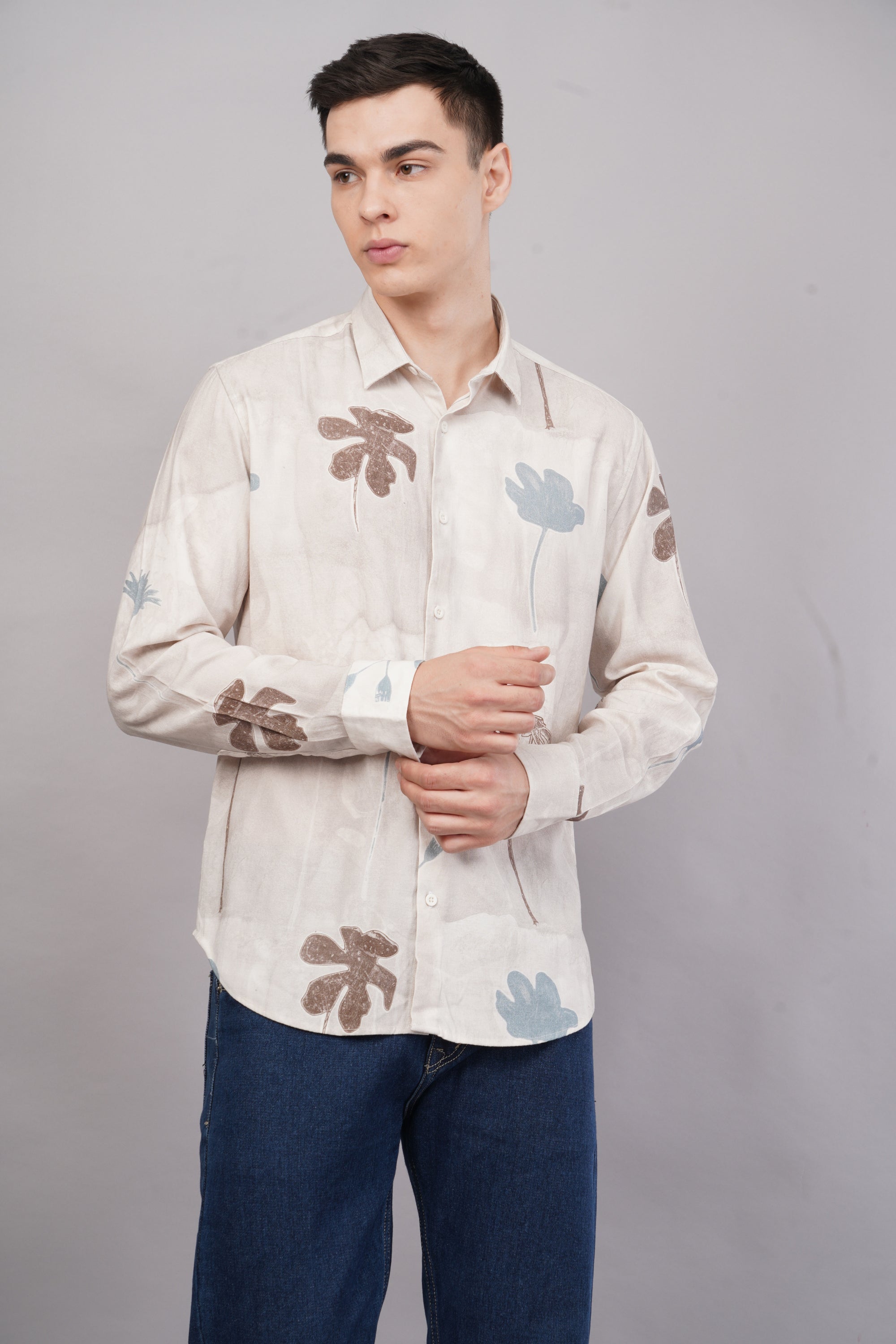 Tapered Fit Floral Print White Full Sleeve Shirt