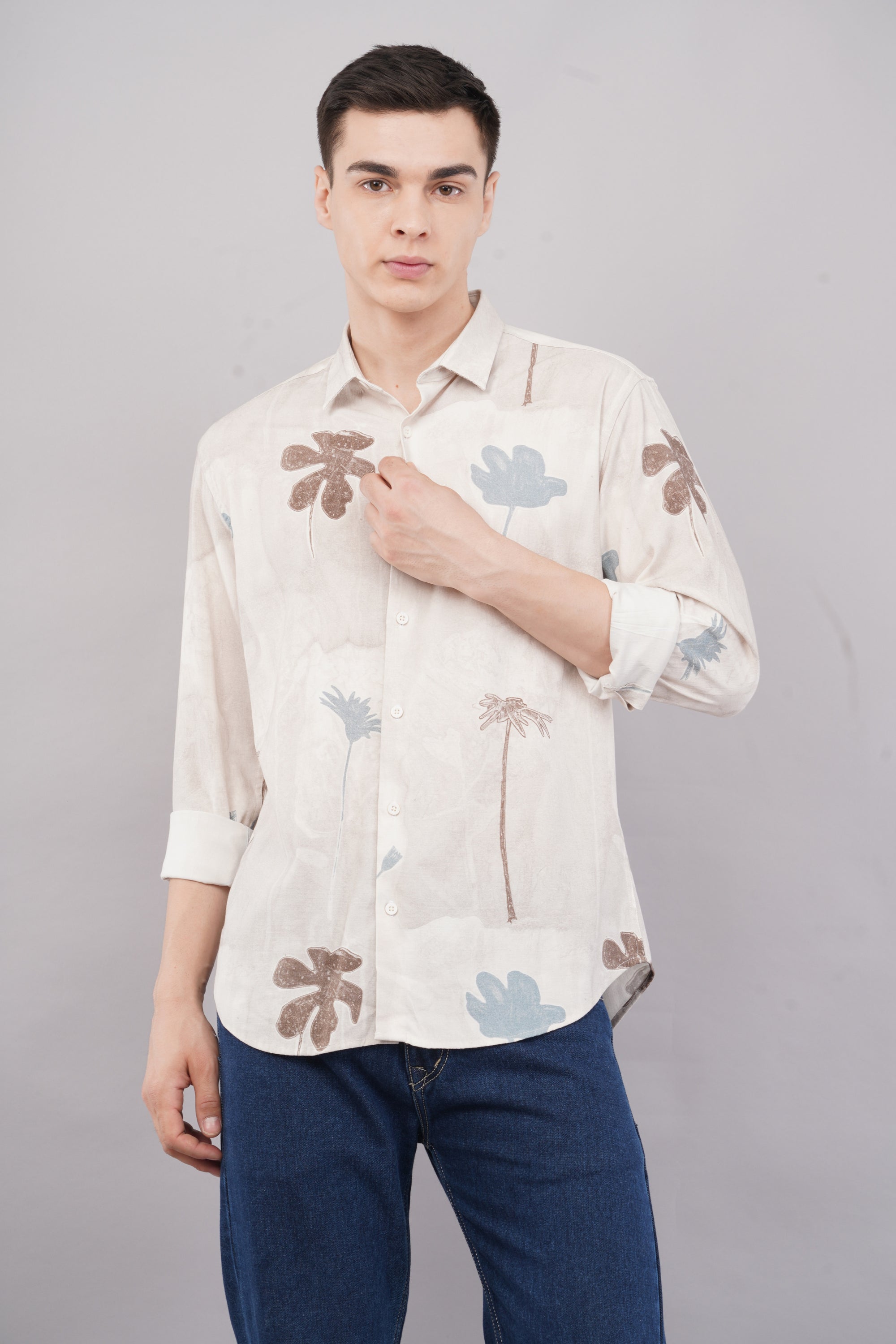 Tapered Fit Floral Print White Full Sleeve Shirt
