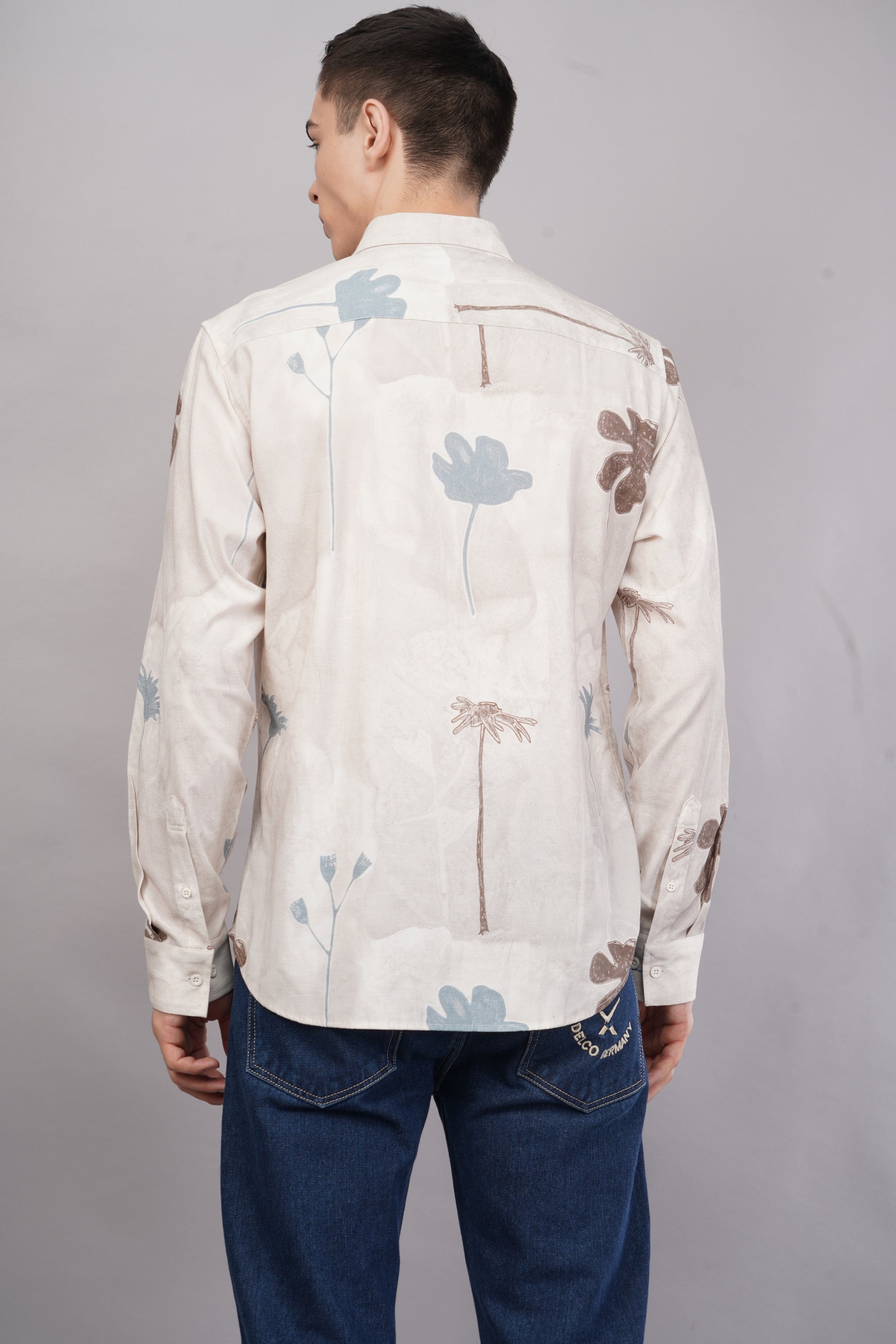 Tapered Fit Floral Print White Full Sleeve Shirt