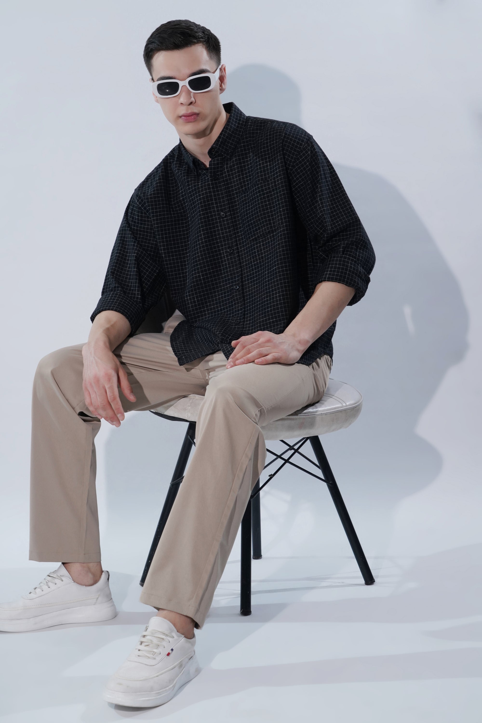 Cotton Linen Essential Fit Black Check Shirt