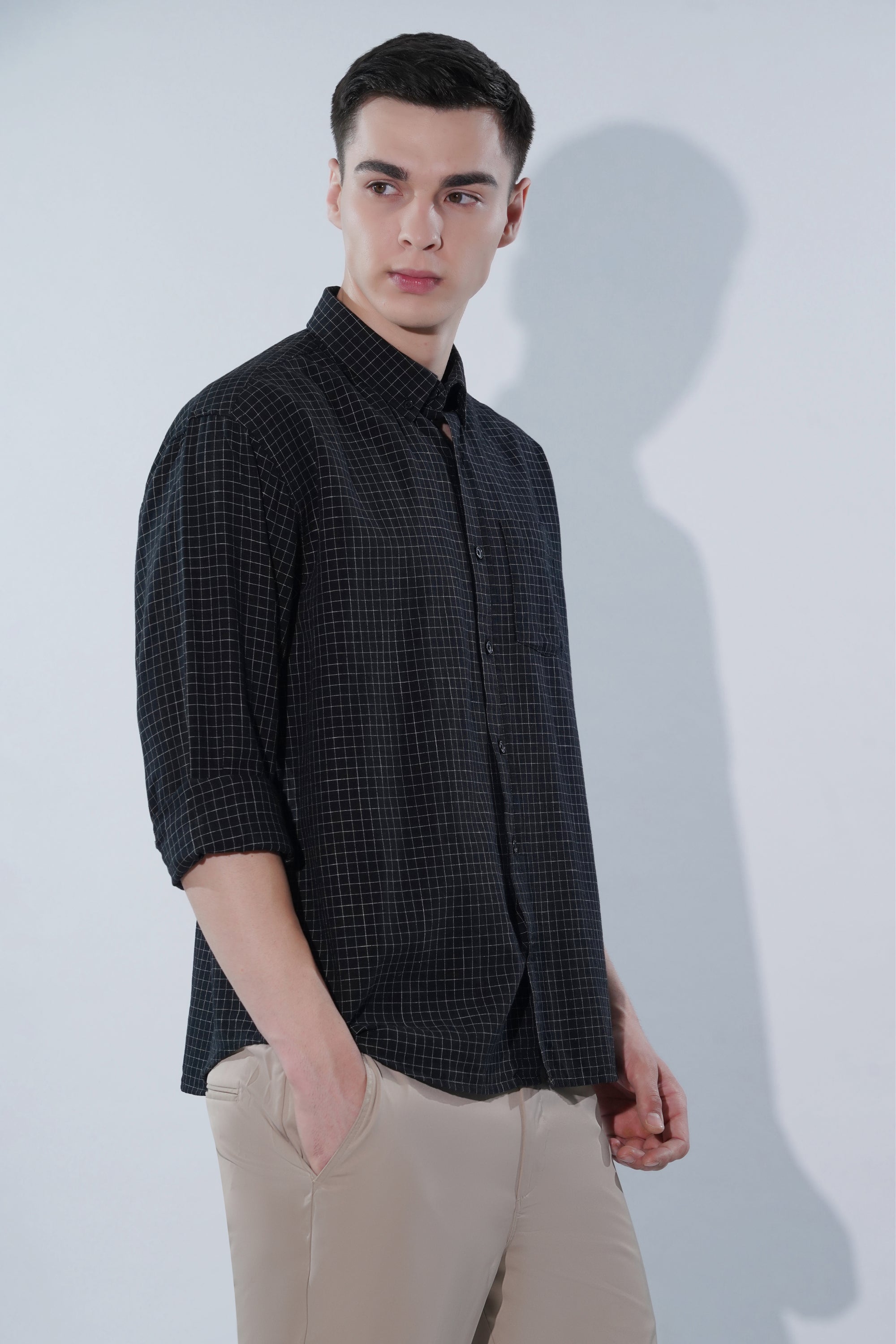 Cotton Linen Essential Fit Black Check Shirt